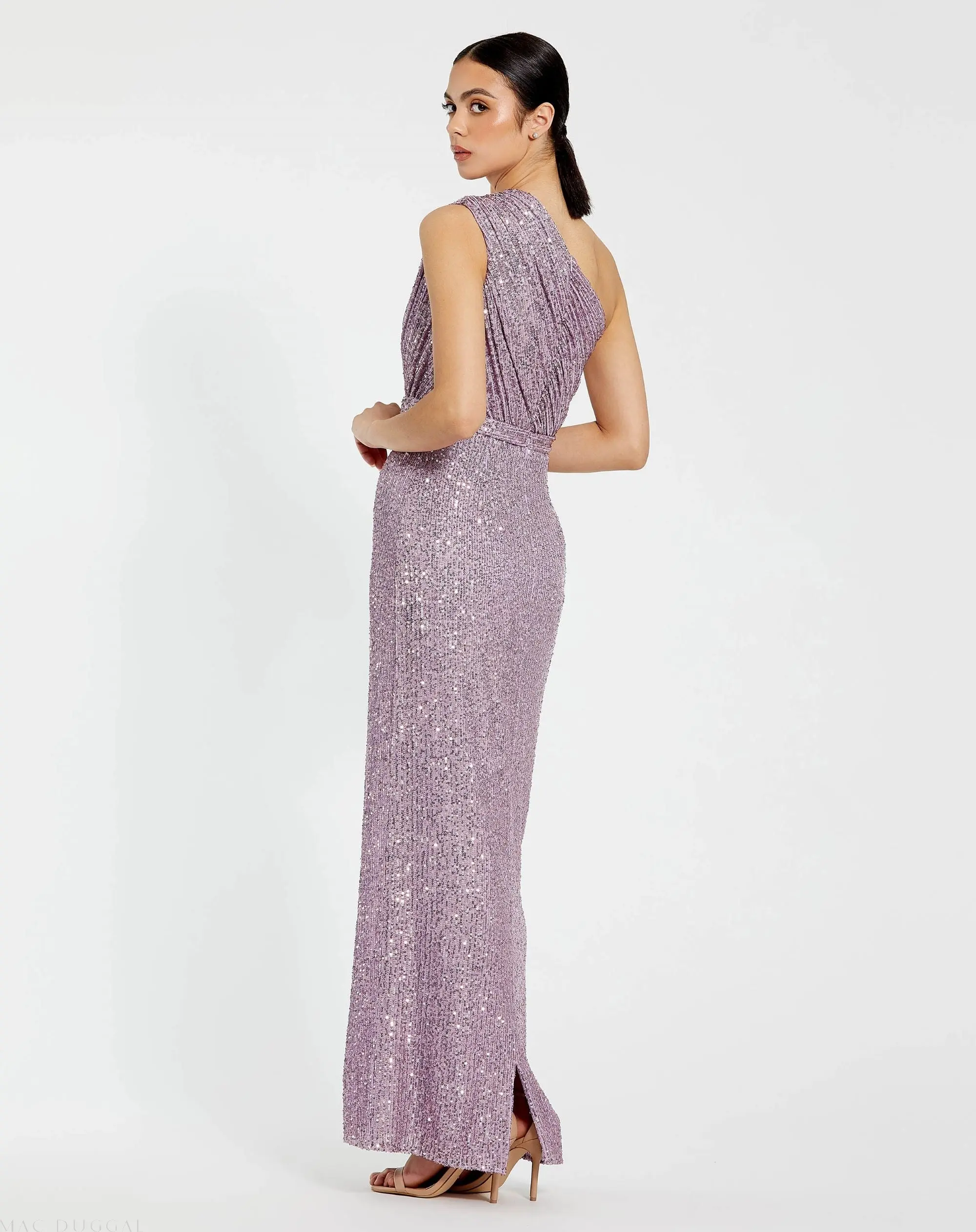 Purple Sequined Ruched One Shoulder Gown - Image 3