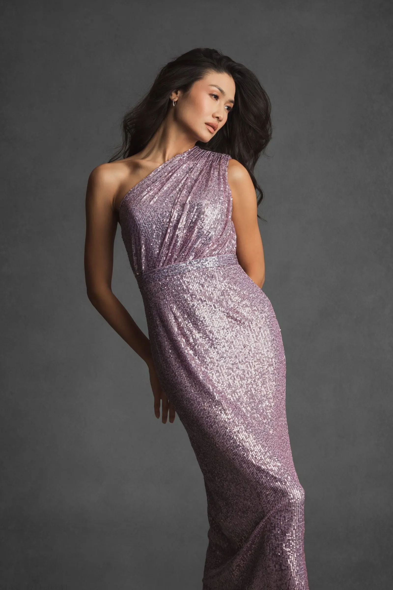 Purple Sequined Ruched One Shoulder Gown - Image 5