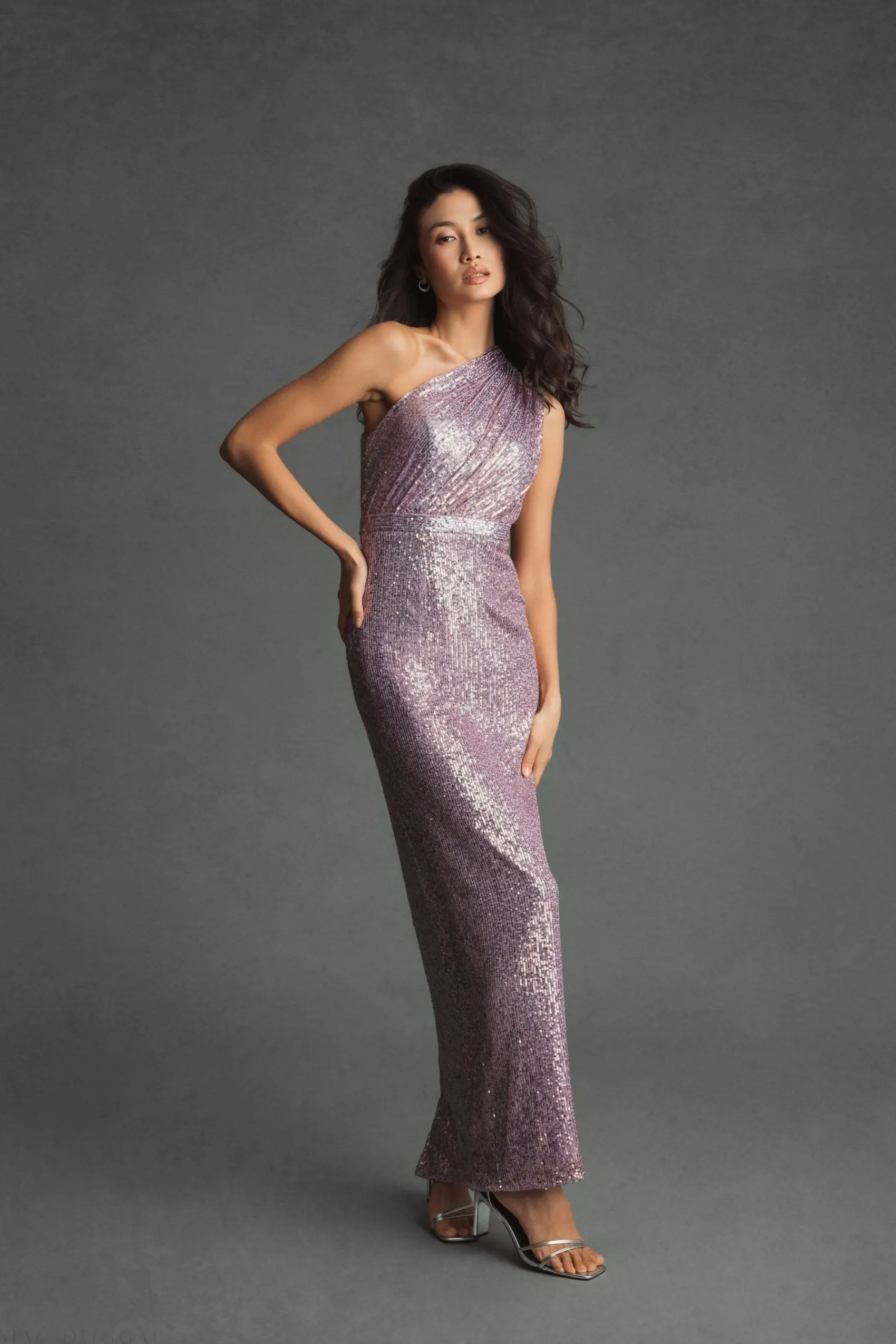 Purple Sequined Ruched One Shoulder Gown - Image 6