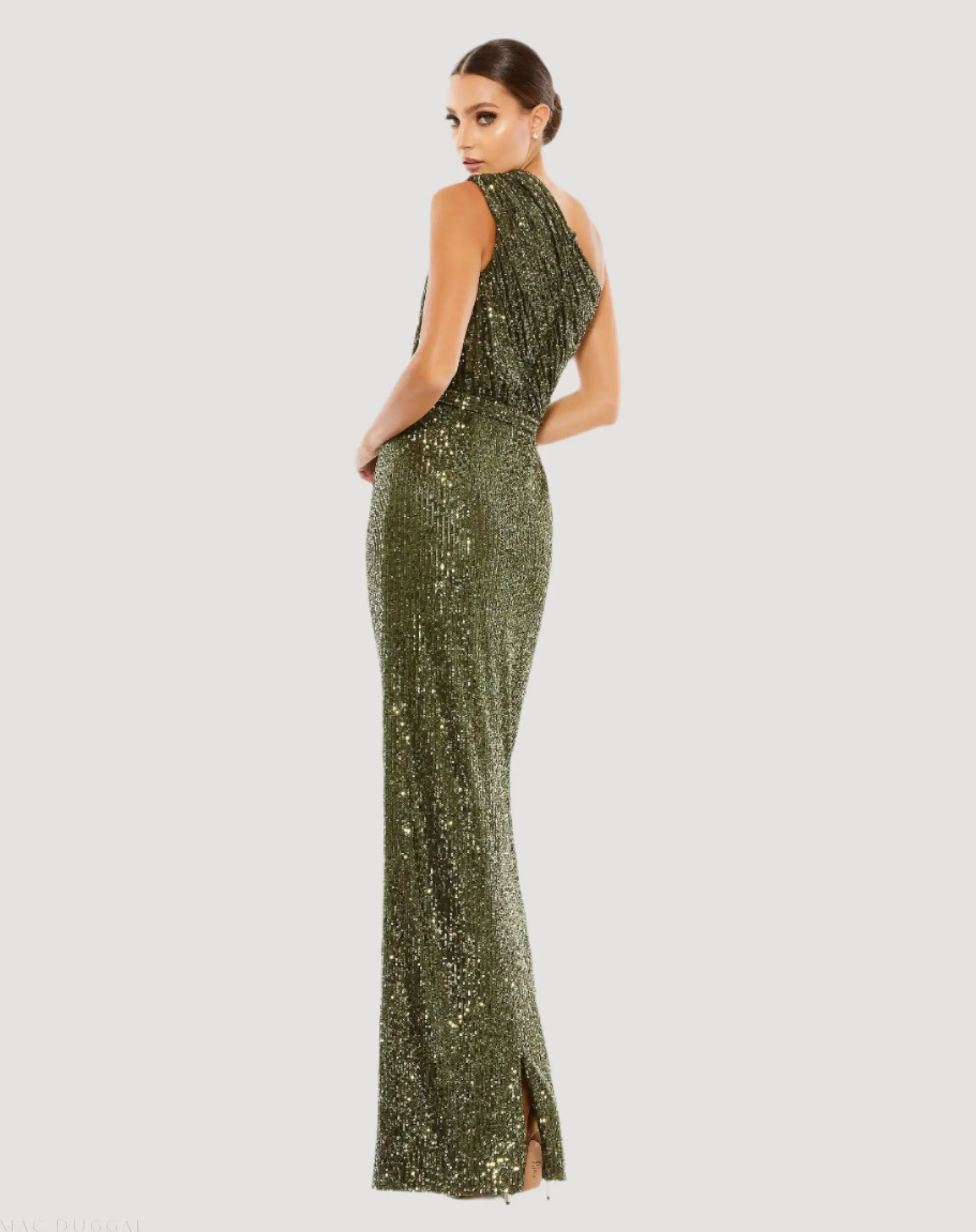 Dark Green Sequined Ruched One Shoulder Gown - Image 3