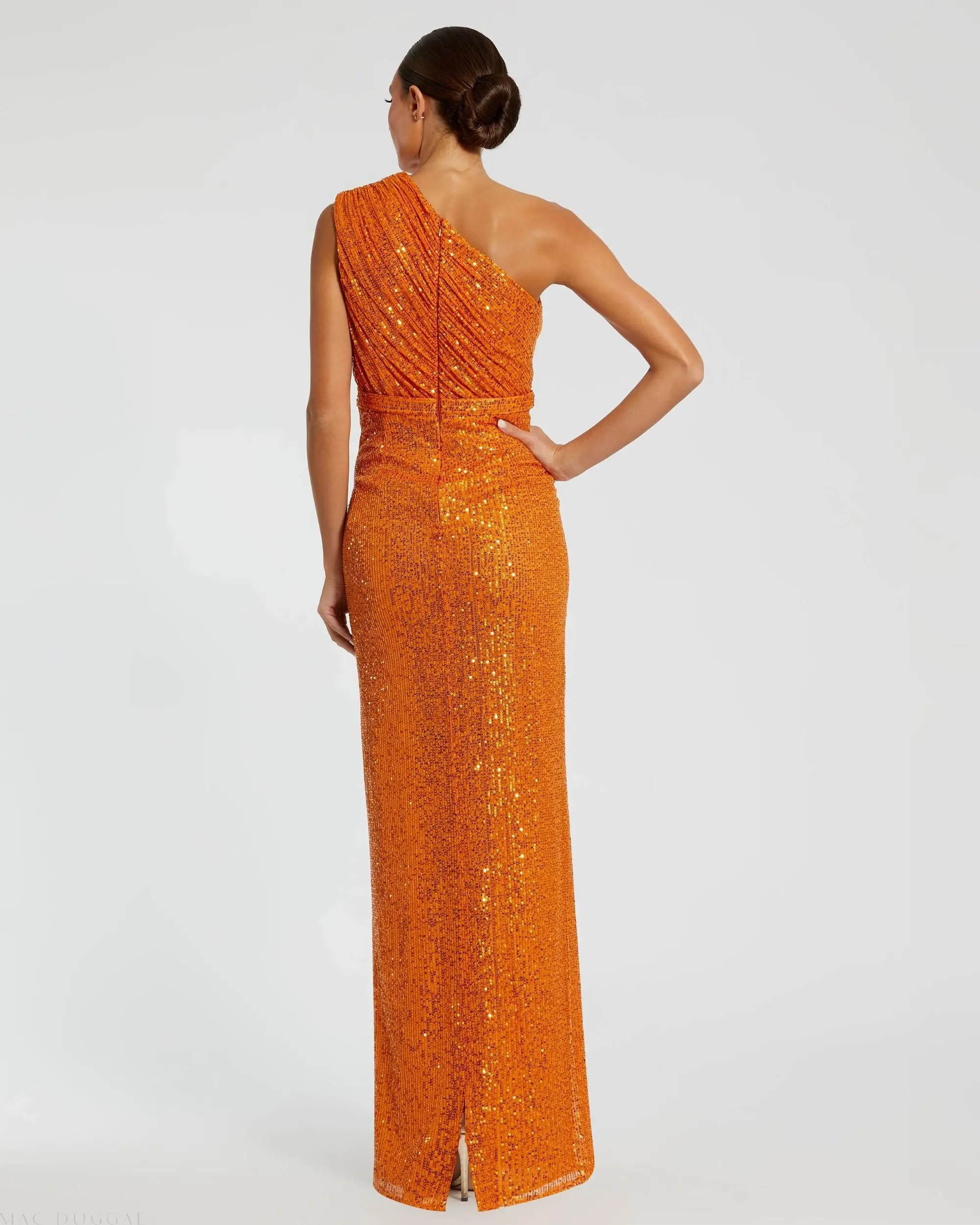 Orange Sequined Ruched One Shoulder Gown - Image 3