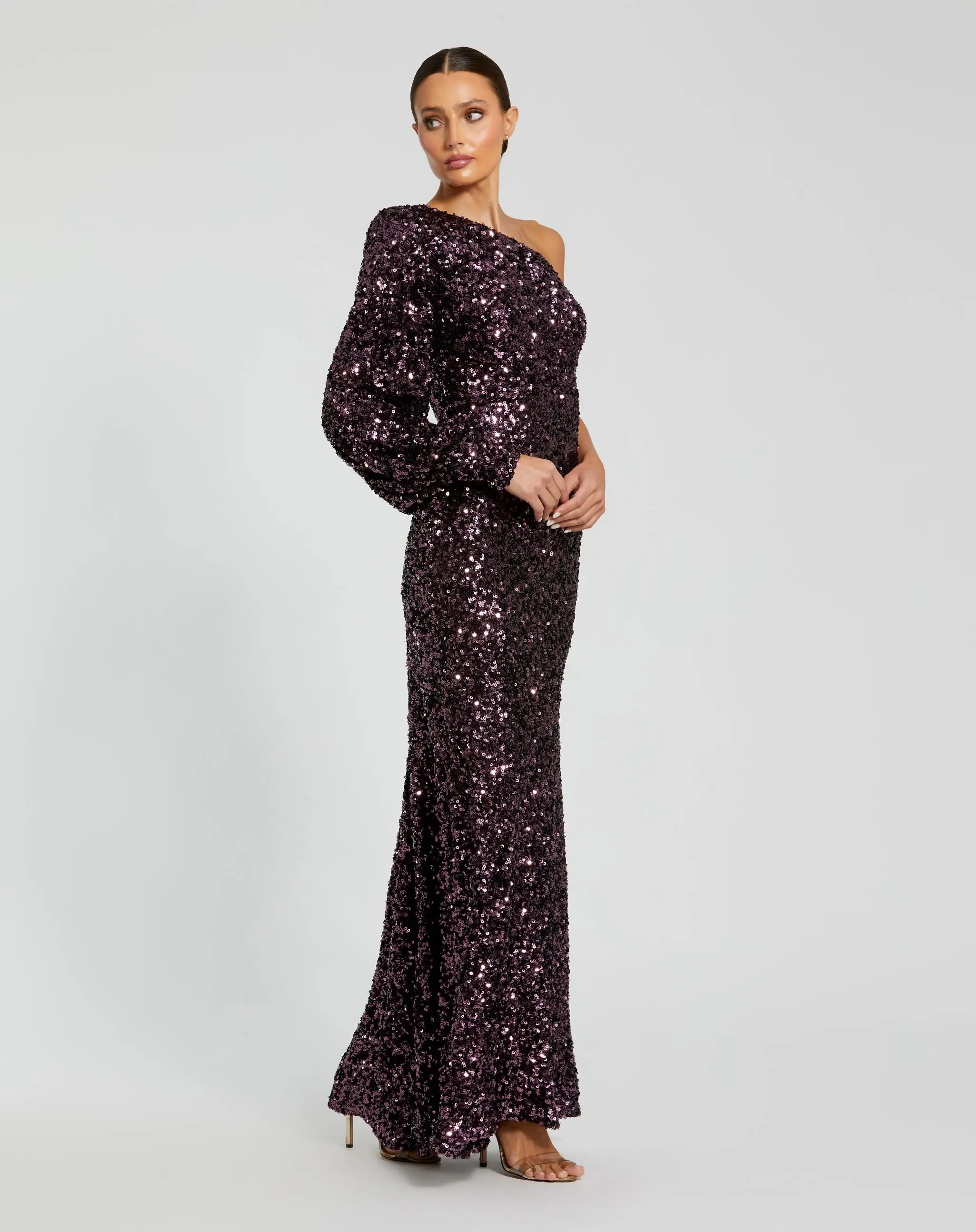 Purple Sequined One Shoulder Bishop Sleeve Trumpet Gown - Image 3