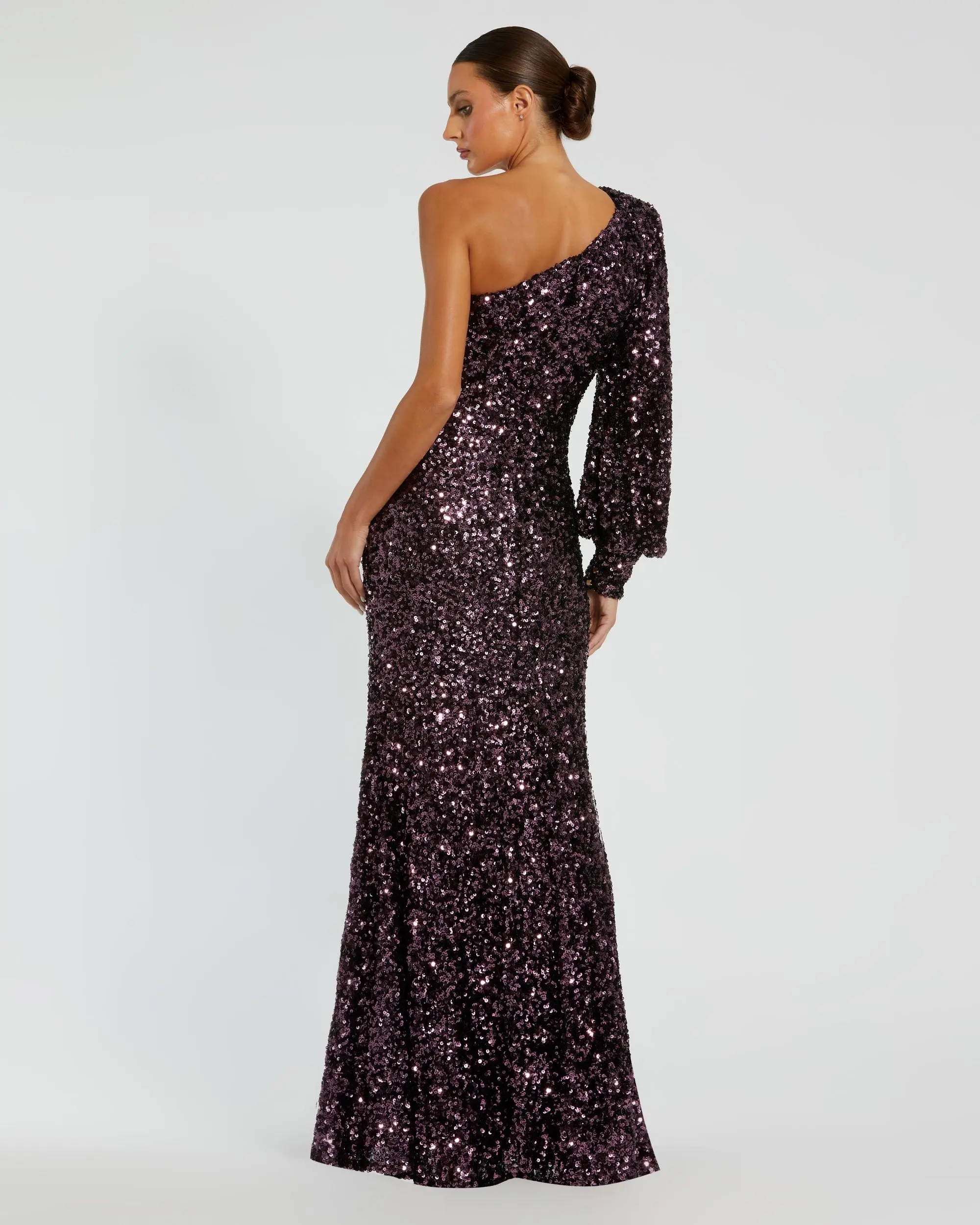 Purple Sequined One Shoulder Bishop Sleeve Trumpet Gown - Image 4