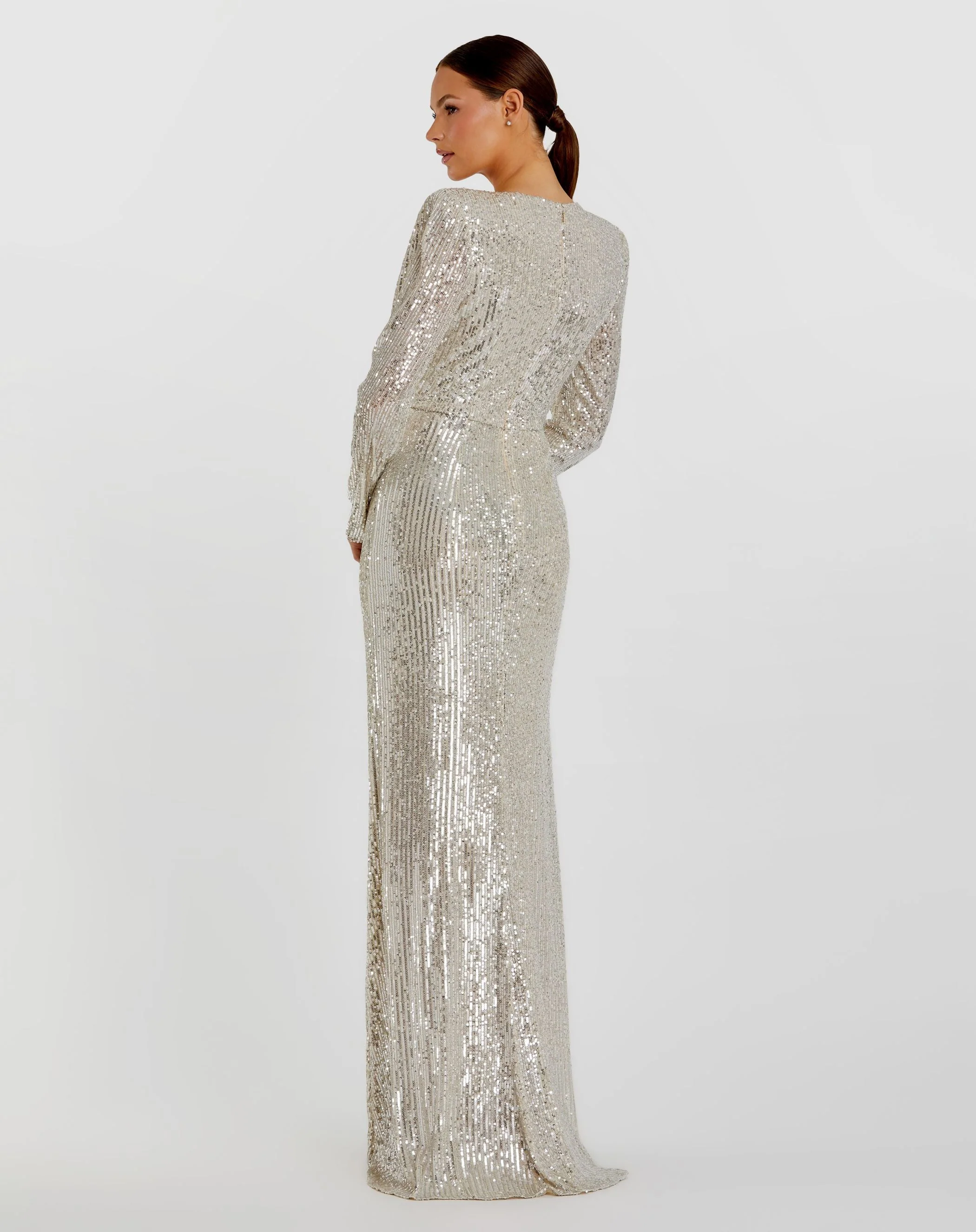 Silver Sequined Long Sleeve Faux Wrap Ruched Gown - Image 3