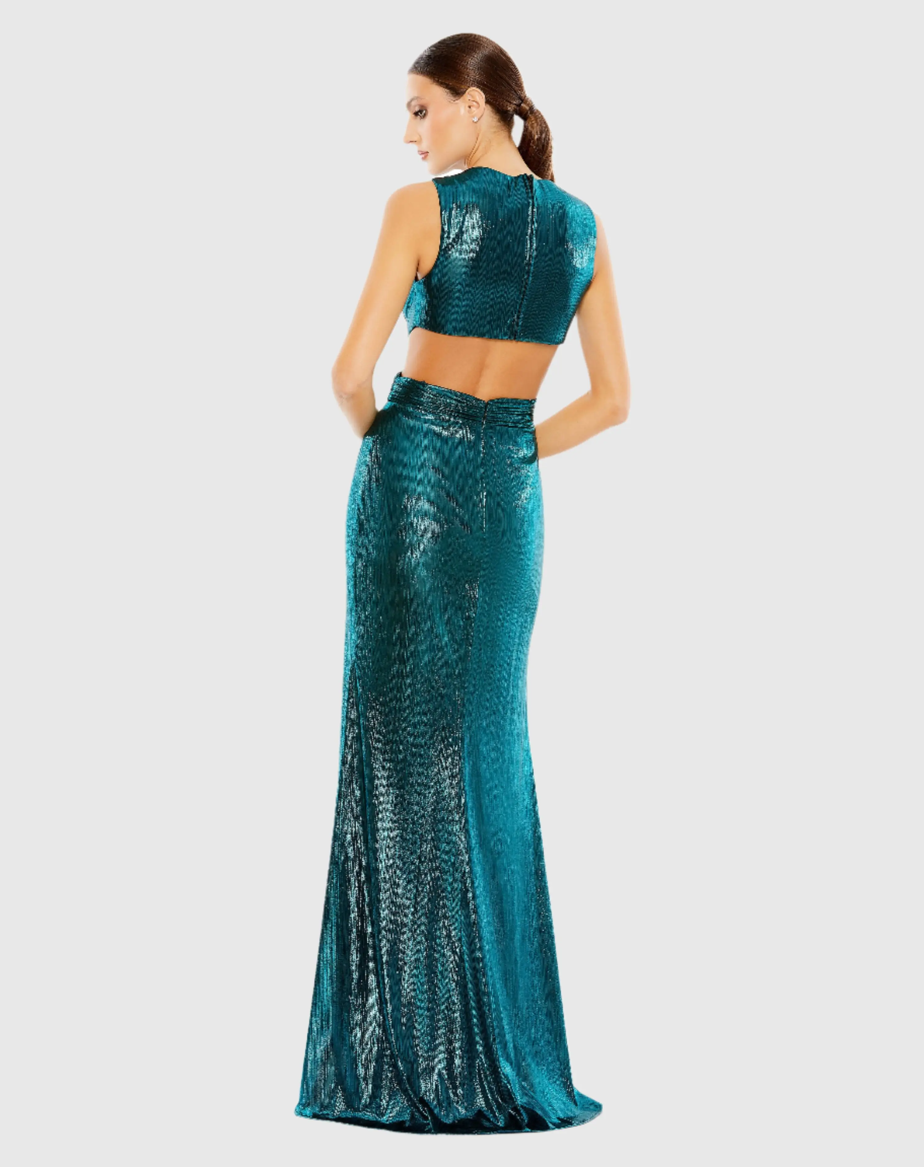 Teal Metallic Cut Out Gown with High Slit - FINAL SALE - Image 3