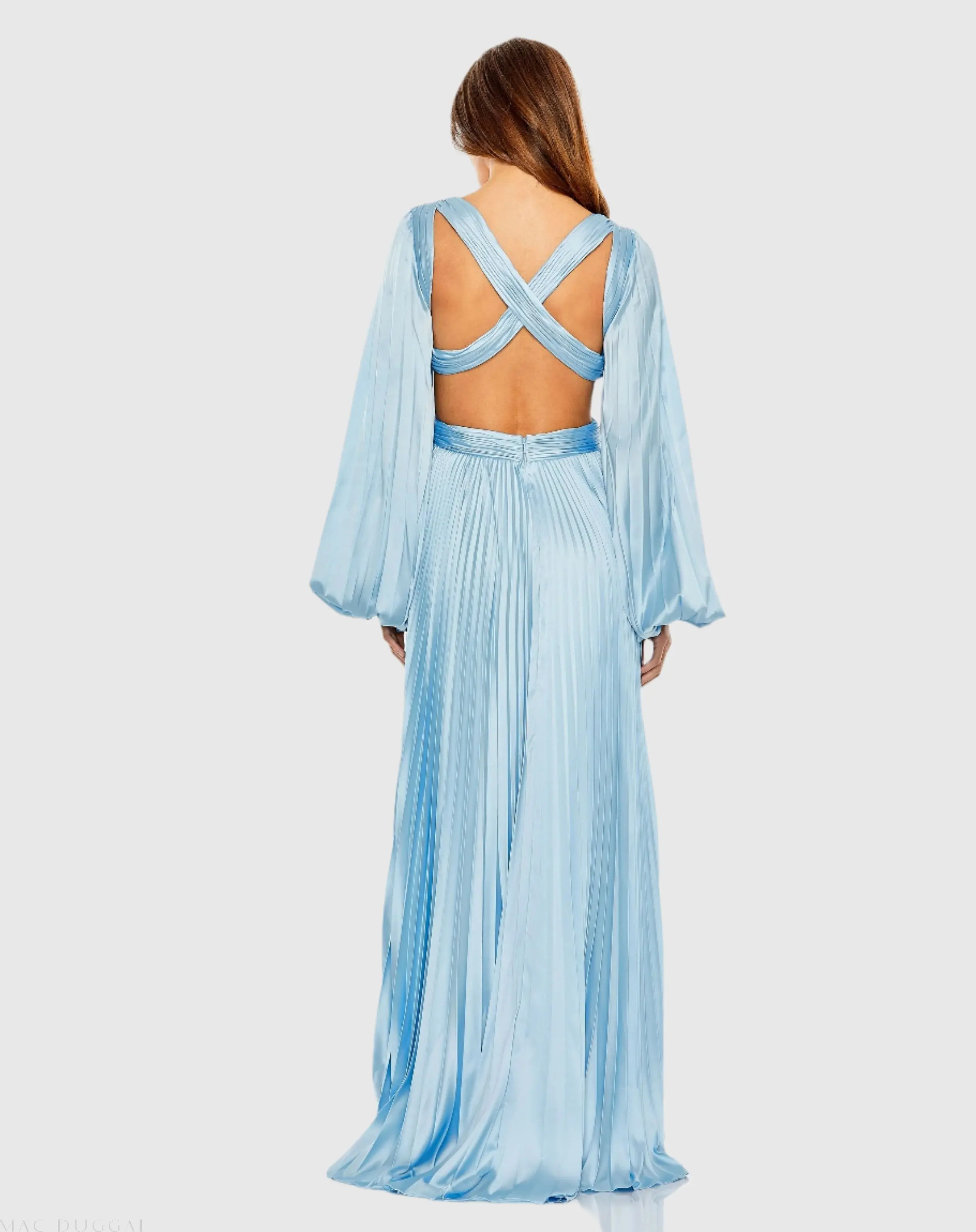 Blue Long Sleeve Pleated Charmeuse Cut Out Gown - Image 3