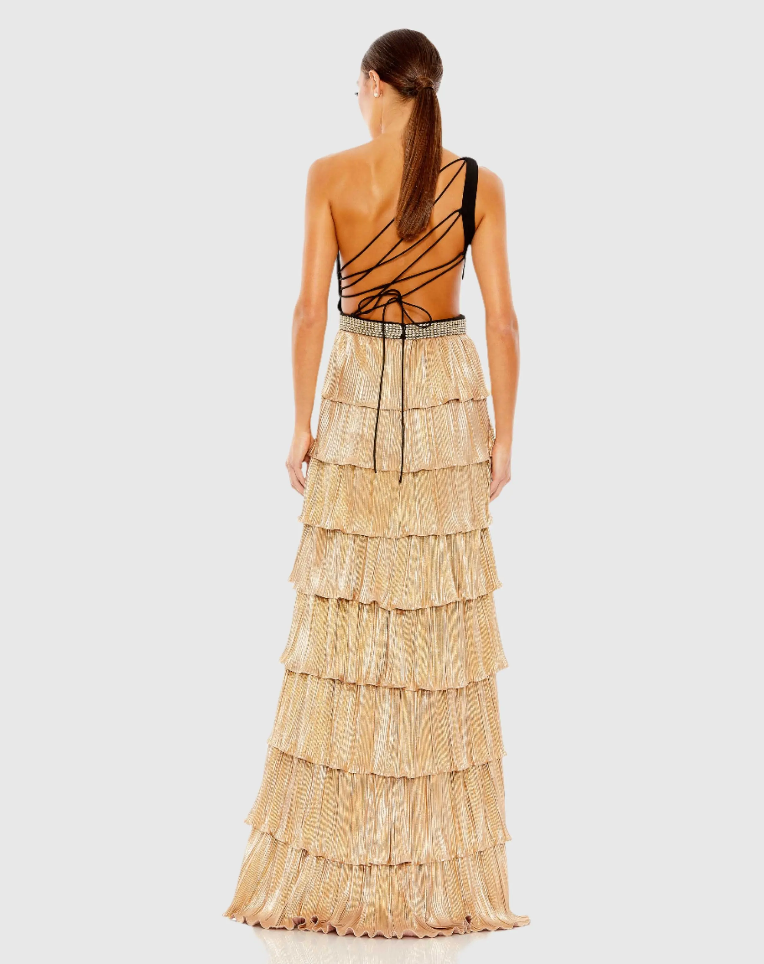 Black and Gold Tiered One Shoulder Gown - Image 3