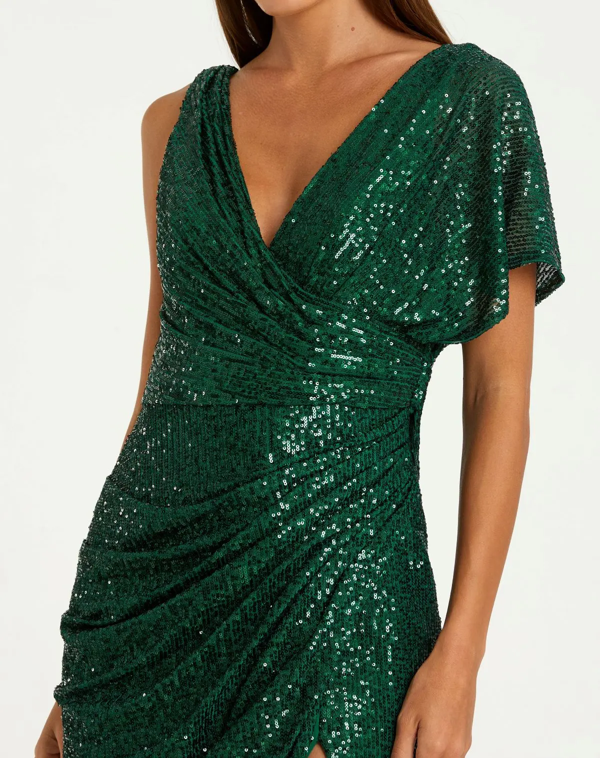 Green Sequined Asymmetrical Draped Trumpet Gown - Image 2