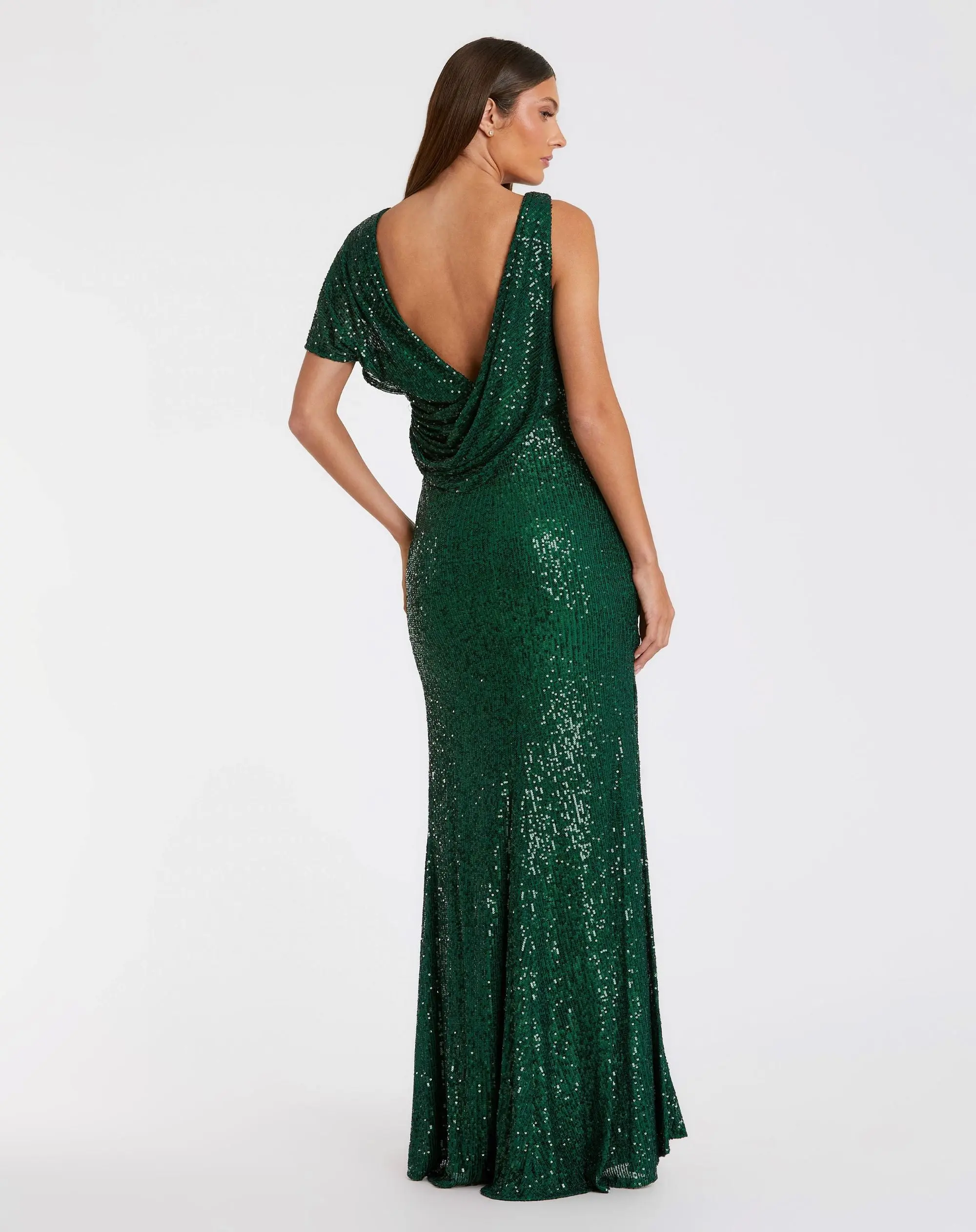 Green Sequined Asymmetrical Draped Trumpet Gown - Image 3