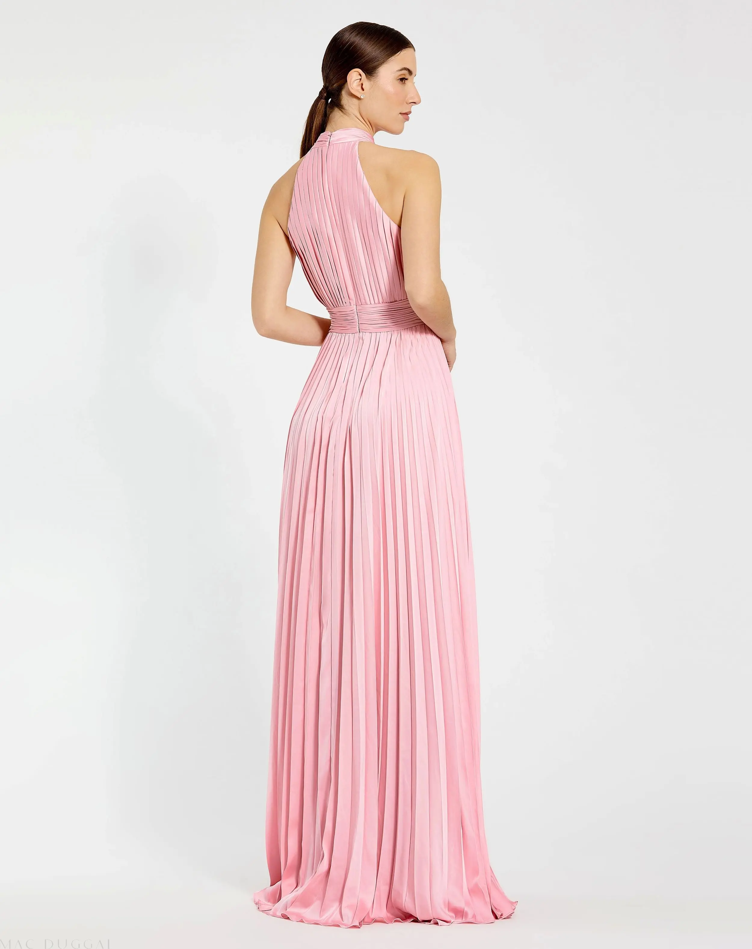 Pink Sleeveless Halter Neck Pleated Satin Gown - Image 3