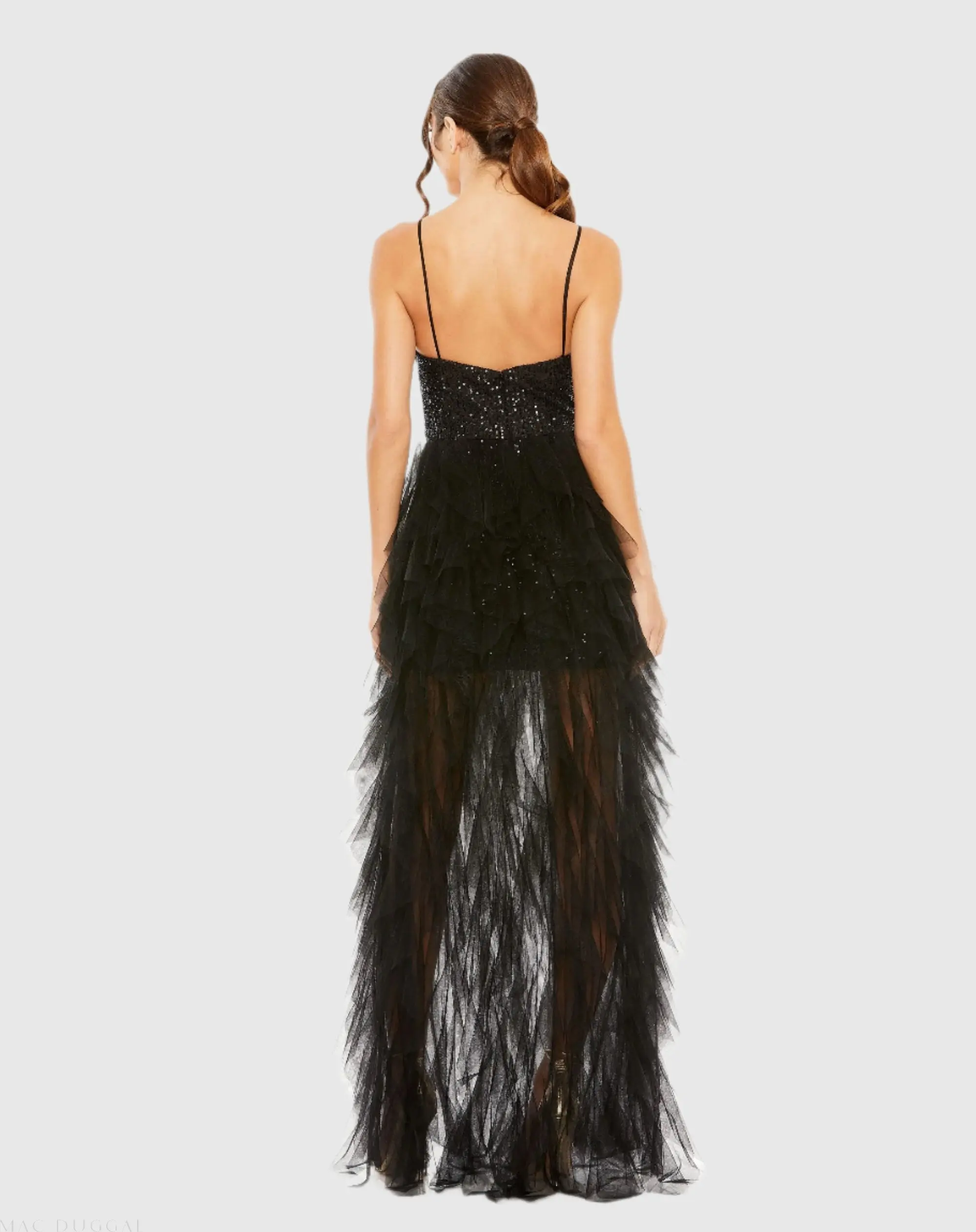 Black Sequin A-Line Dress with High-Low Ruffle Skirt - Image 3