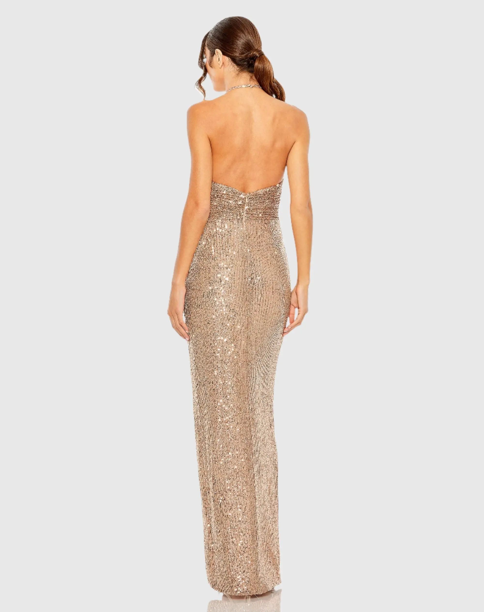 Gold Halter Neck Ruched Side Front Slit Sequin Gown - Image 3
