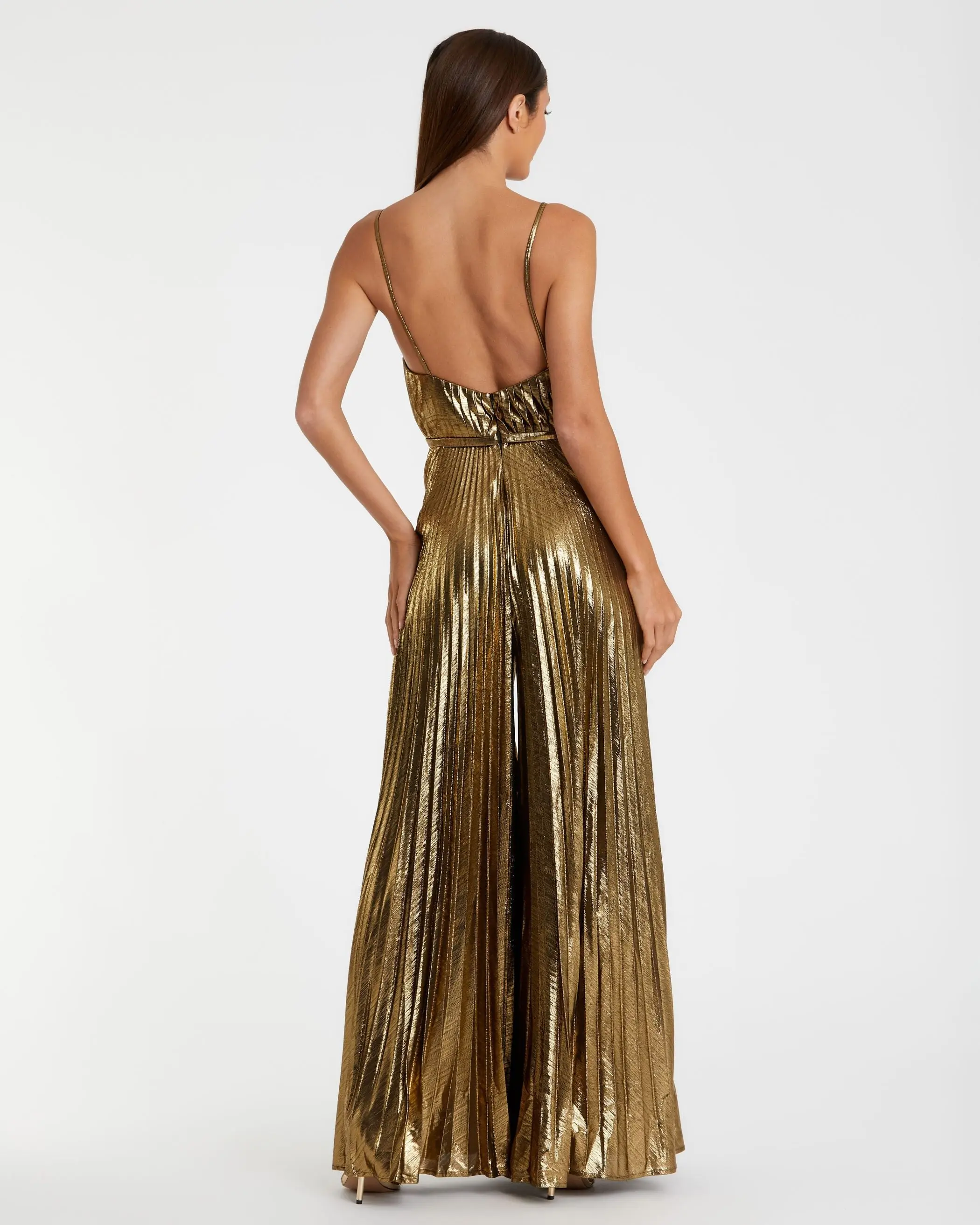 Gold Metallic Pleated V-Neck Jumpsuit - Image 3