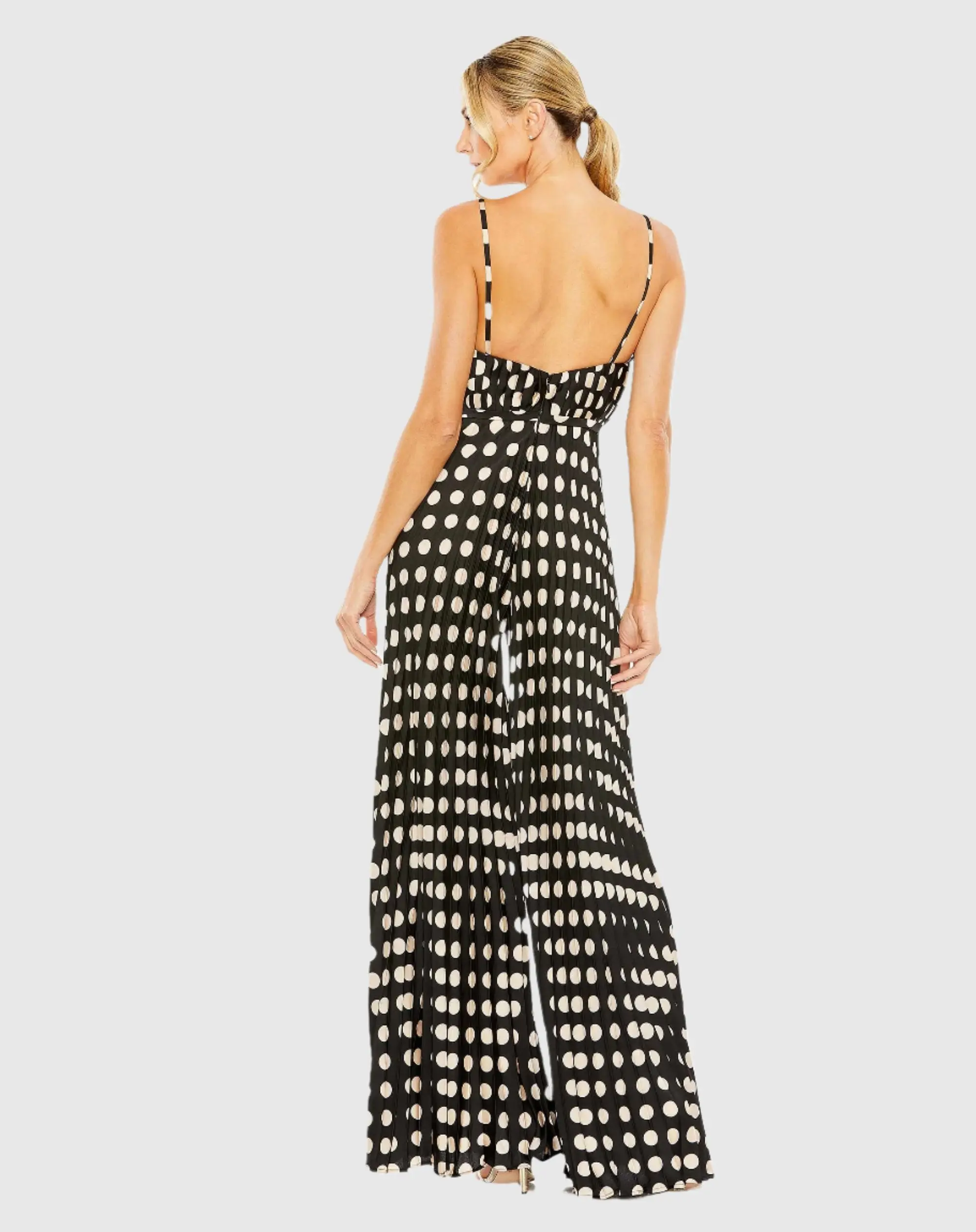 Black Pleated Charmeuse Polka Dot V-Neck Jumpsuit - Image 3