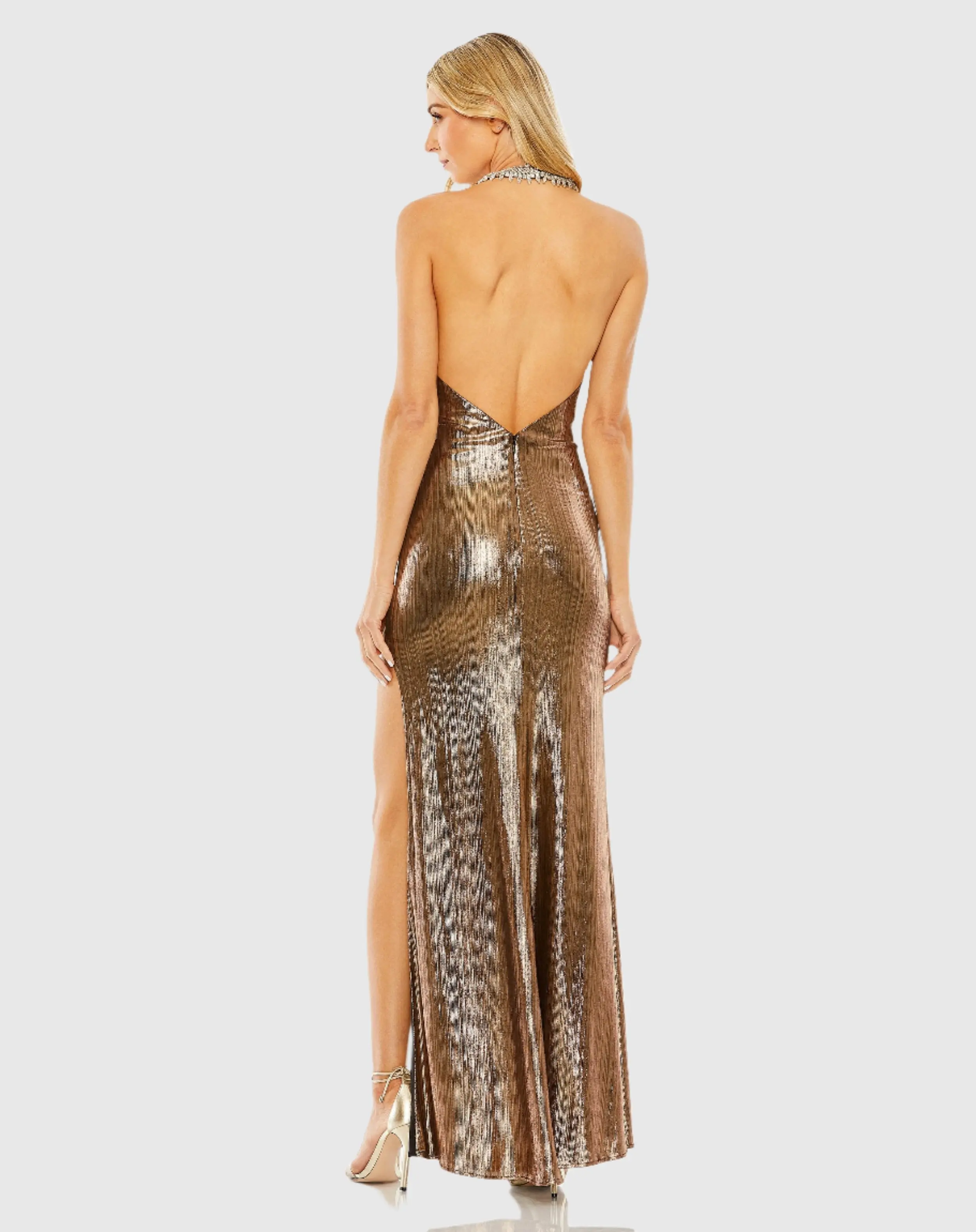 Gold High Neck Crystal Detail Metallic Slit Gown - FINAL SALE - Image 3