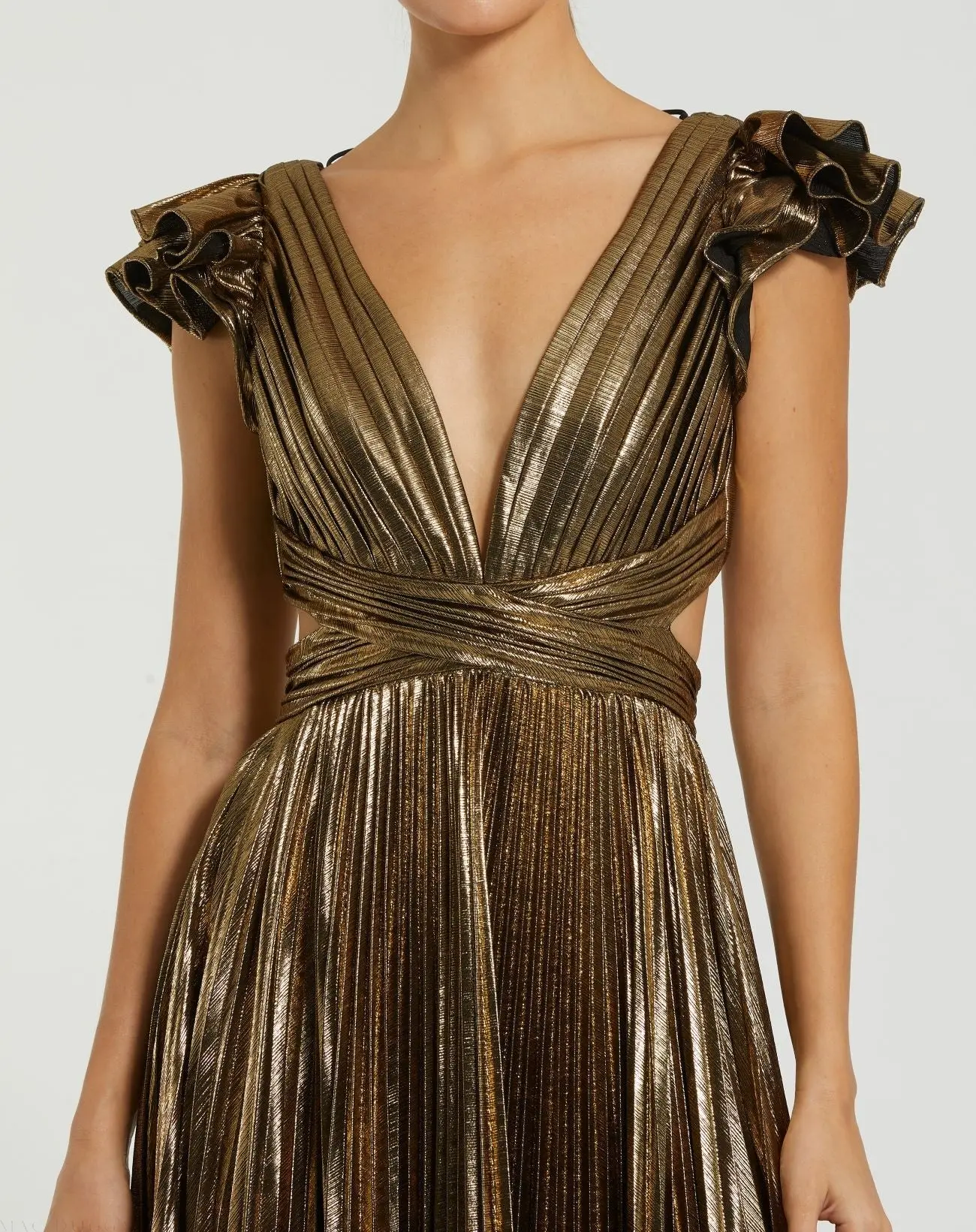 Gold Ruffle Sleeve Cutout Pleated Metallic Gown - Image 2