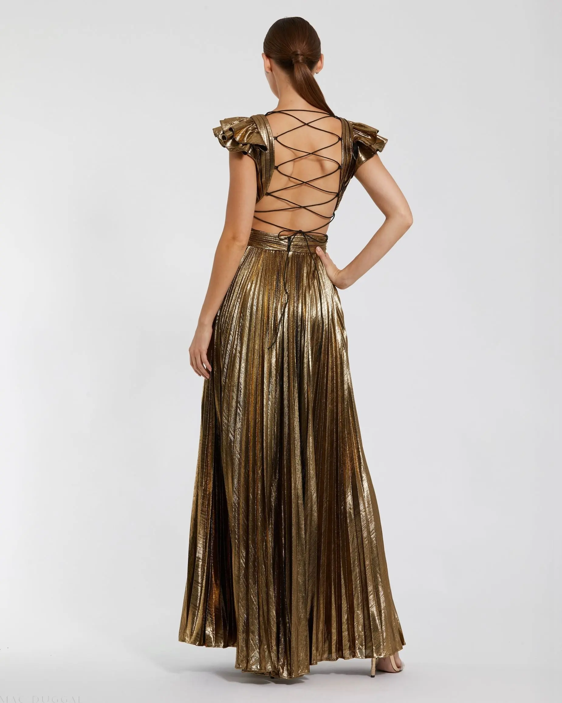 Gold Ruffle Sleeve Cutout Pleated Metallic Gown - Image 3