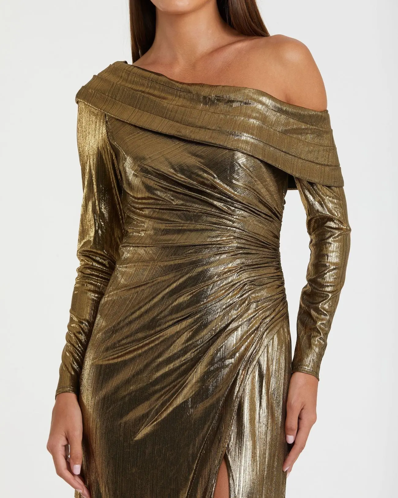 Gold Long Sleeve Off the Shoulder Metallic Gown - Image 2
