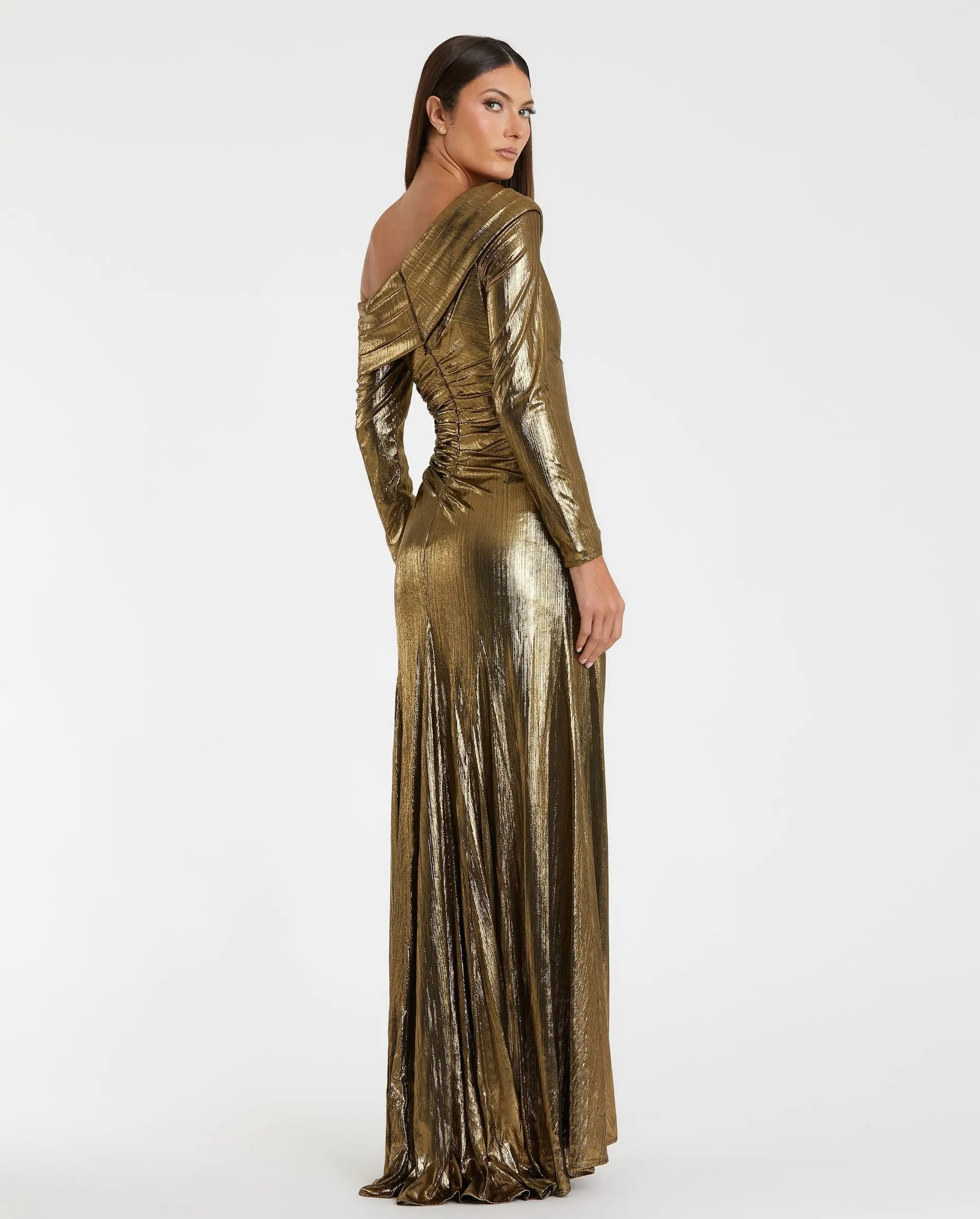 Gold Long Sleeve Off the Shoulder Metallic Gown - Image 3