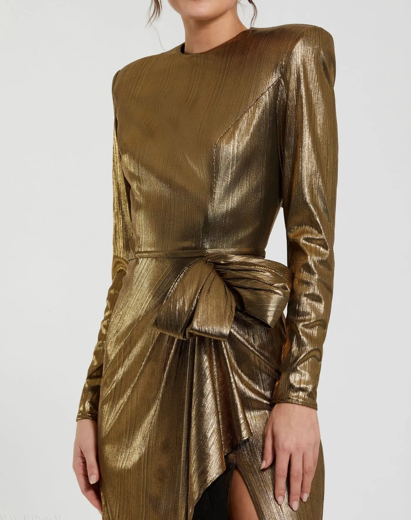 Gold Metallic Long Sleeve Gown With Bow - Image 2