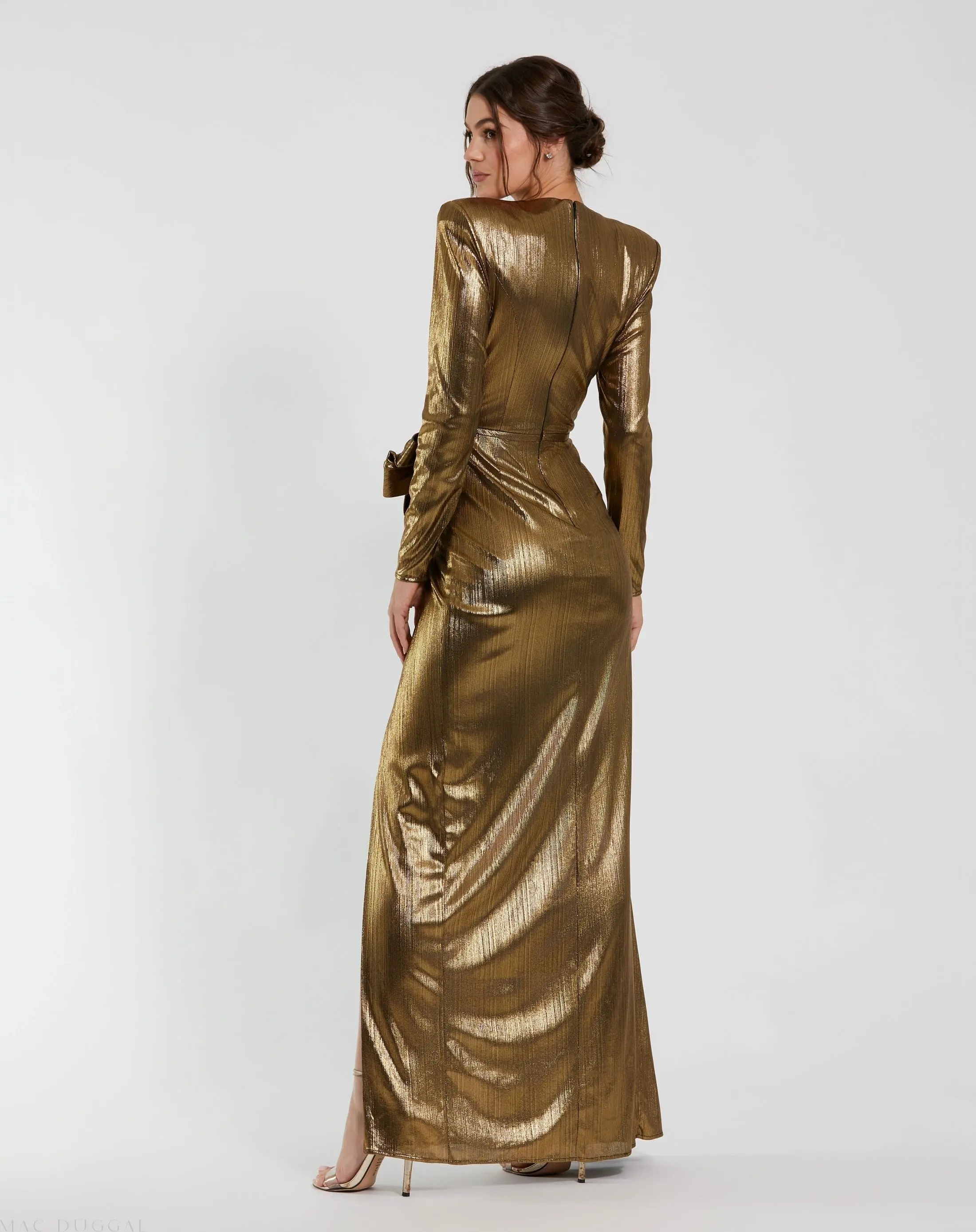 Gold Metallic Long Sleeve Gown With Bow - Image 3