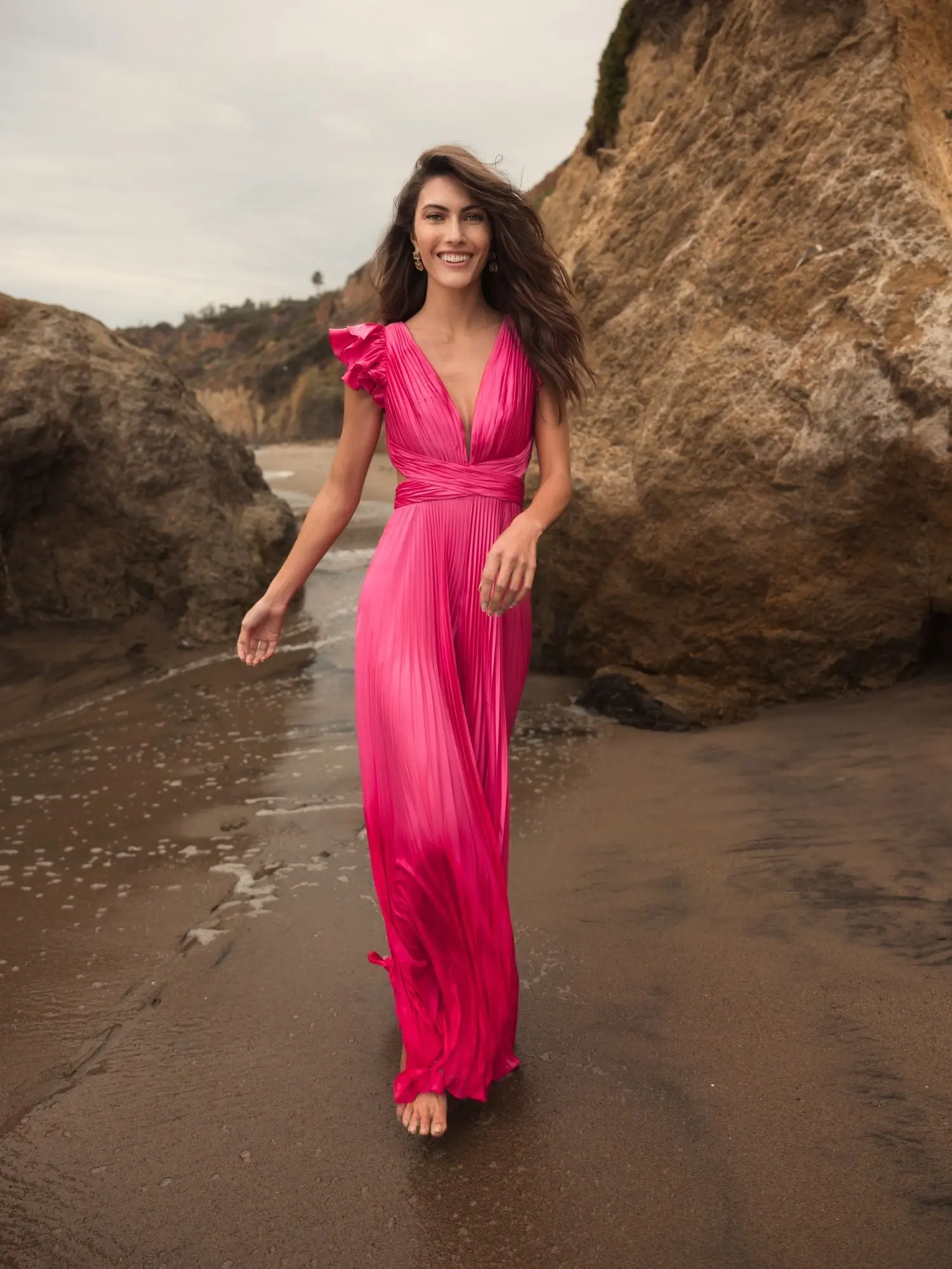 Pink Ruffle Cap Sleeve Cutout Heat Pleated Jumpsuit - Image 6