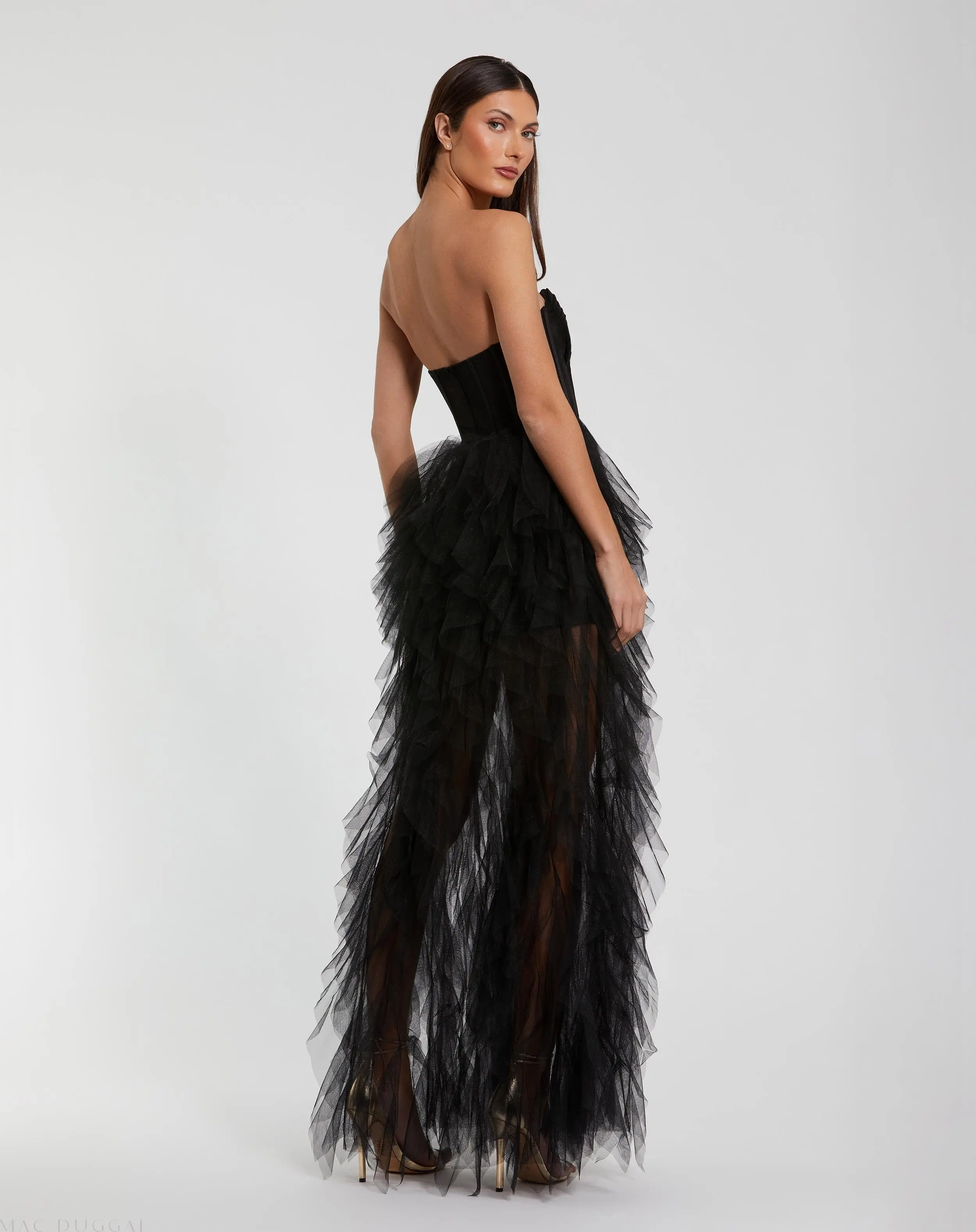 Black Strapless Bustier Net Gown With Spiral Ruffles - Image 3