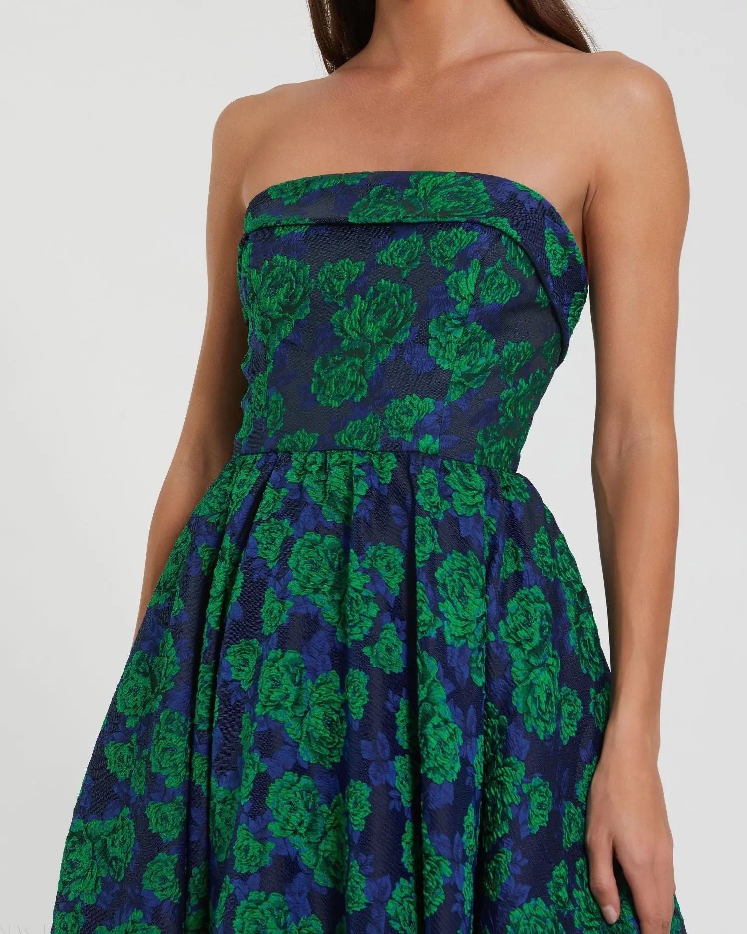 Blue and Green Brocade Strapless A Line Midi Dress - Image 2