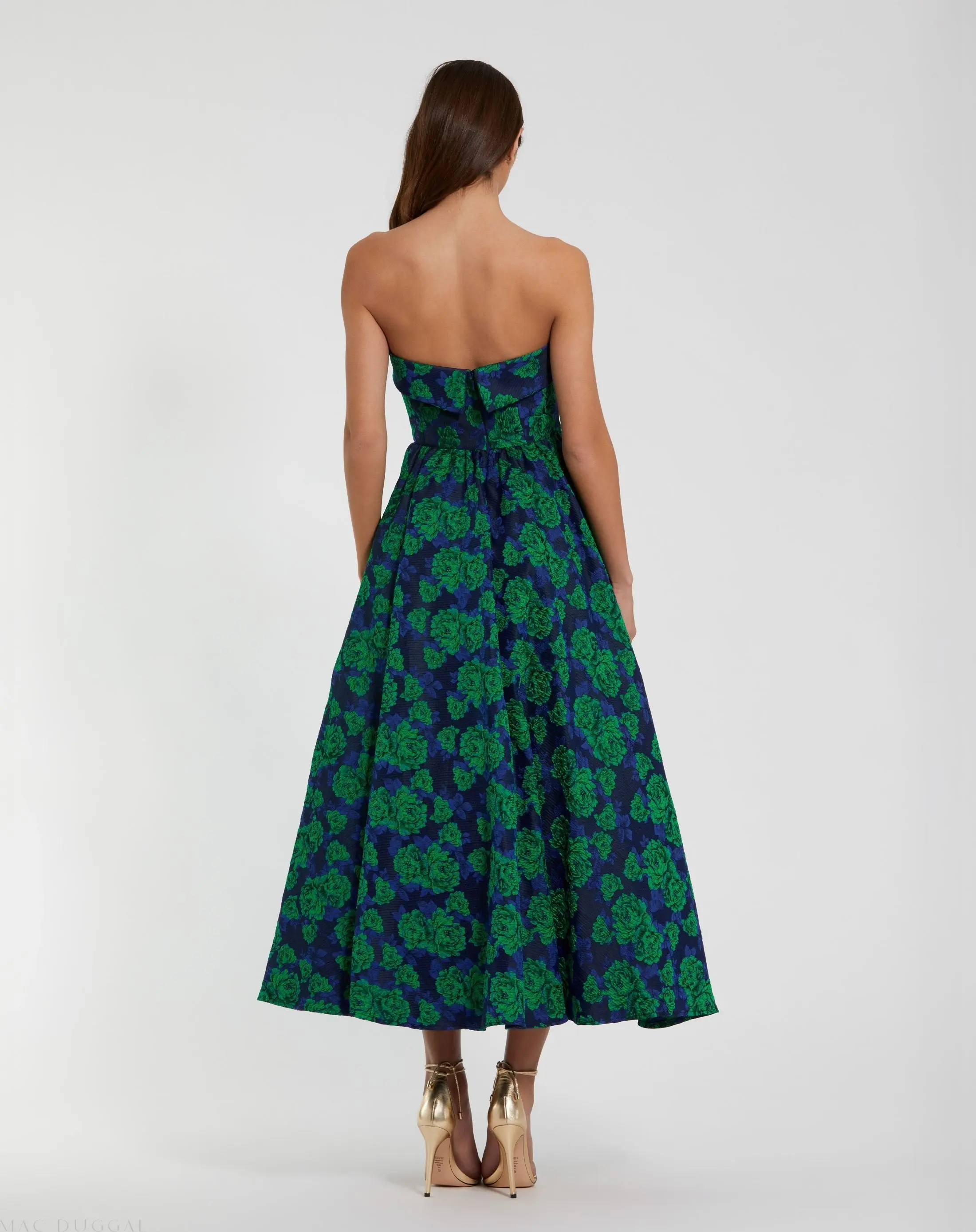 Blue and Green Brocade Strapless A Line Midi Dress - Image 3