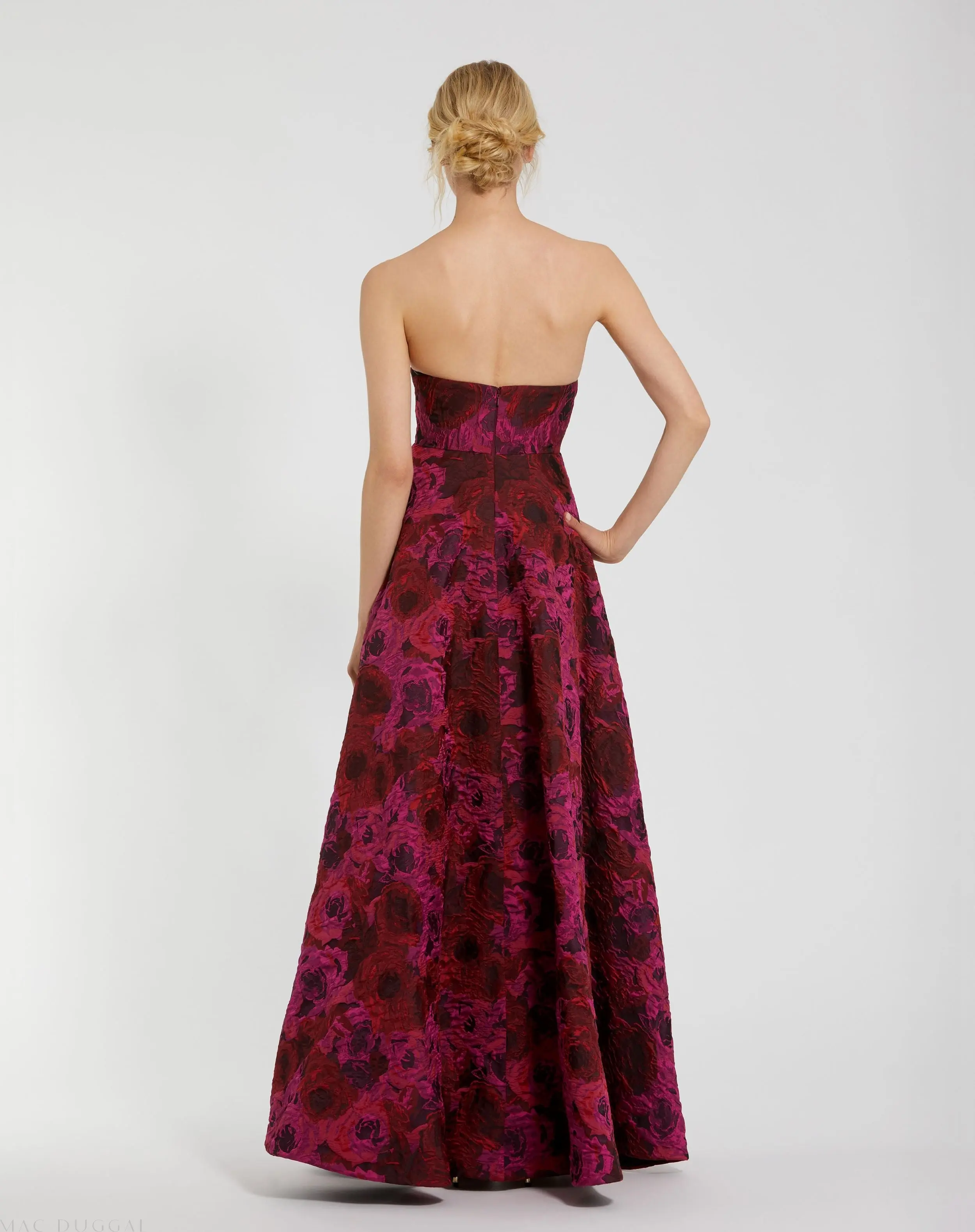 Multicolor Strapless Brocade High Low A Line Gown - Image 3