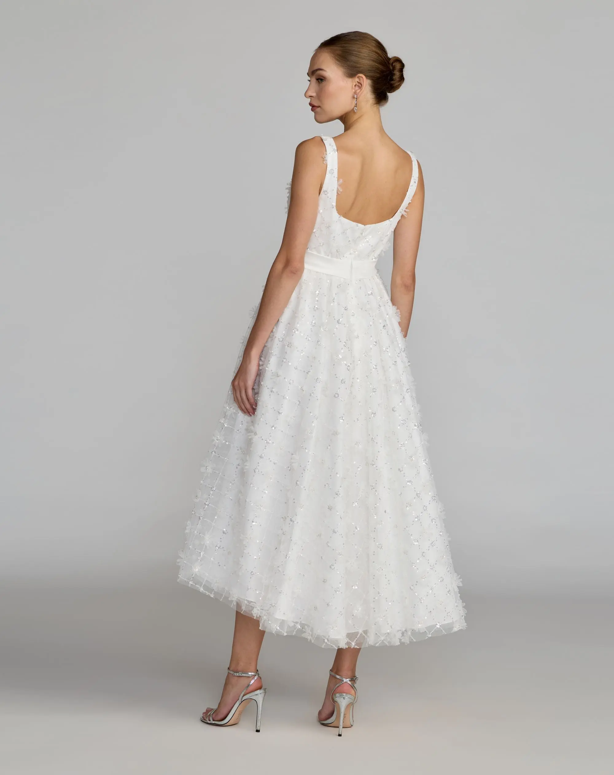 White Embellished Tulle Midi Dress with Satin Bow - Image 3