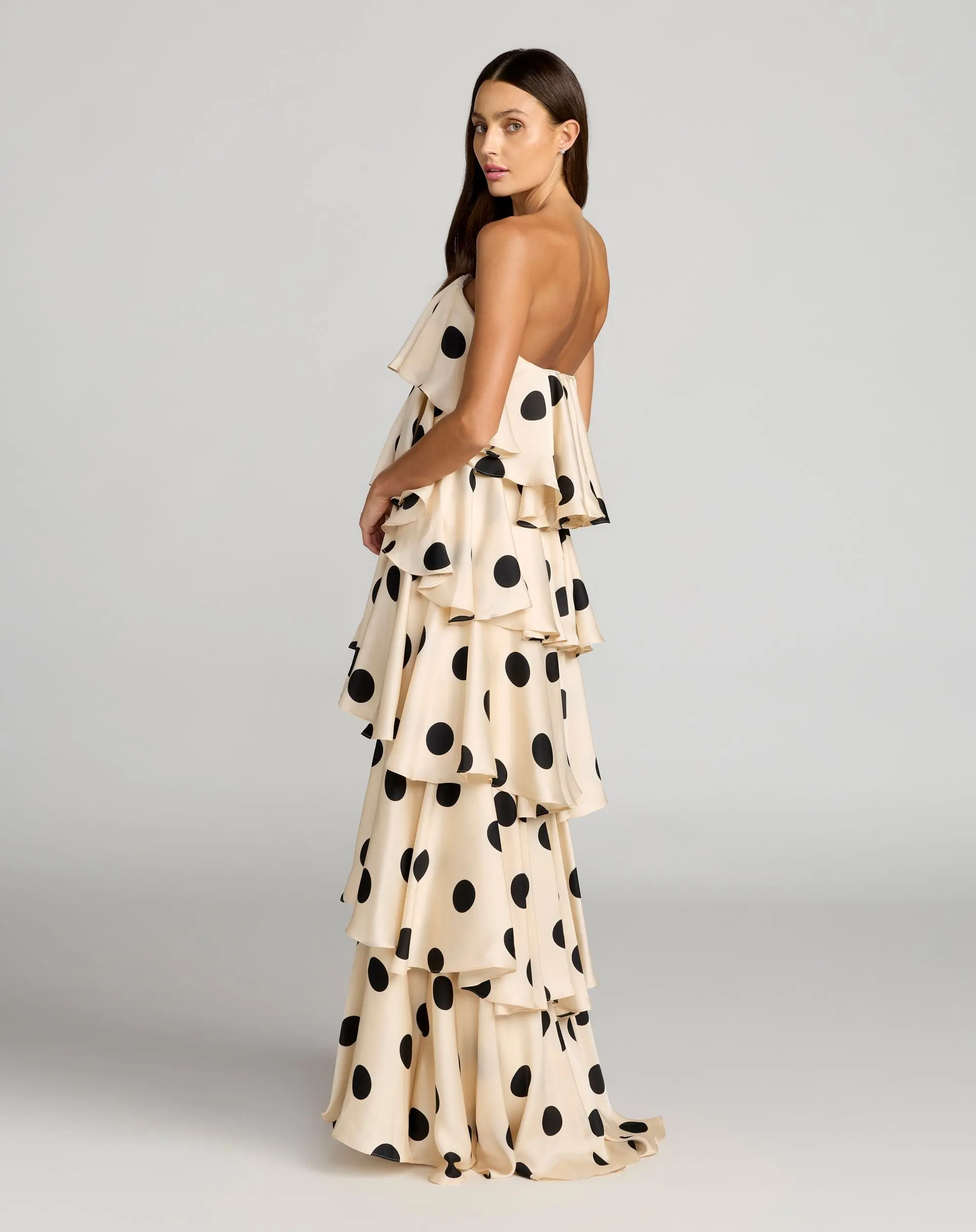 Beige Strapless Polka Dot Charmeuse Ruffle Gown - Image 3