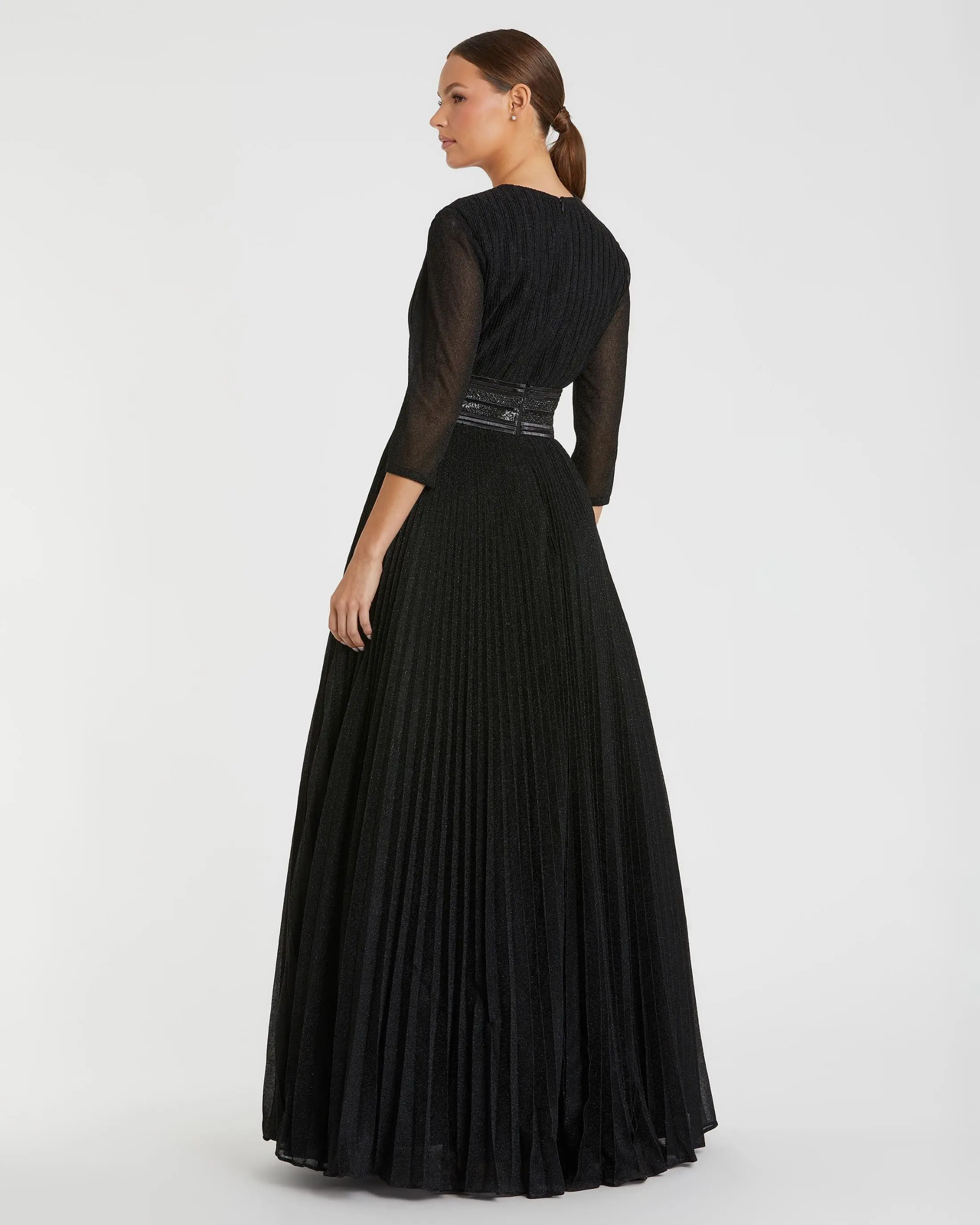 Black  Shimmering Pleated  3/4 Sleeve Ball Gown - Image 3