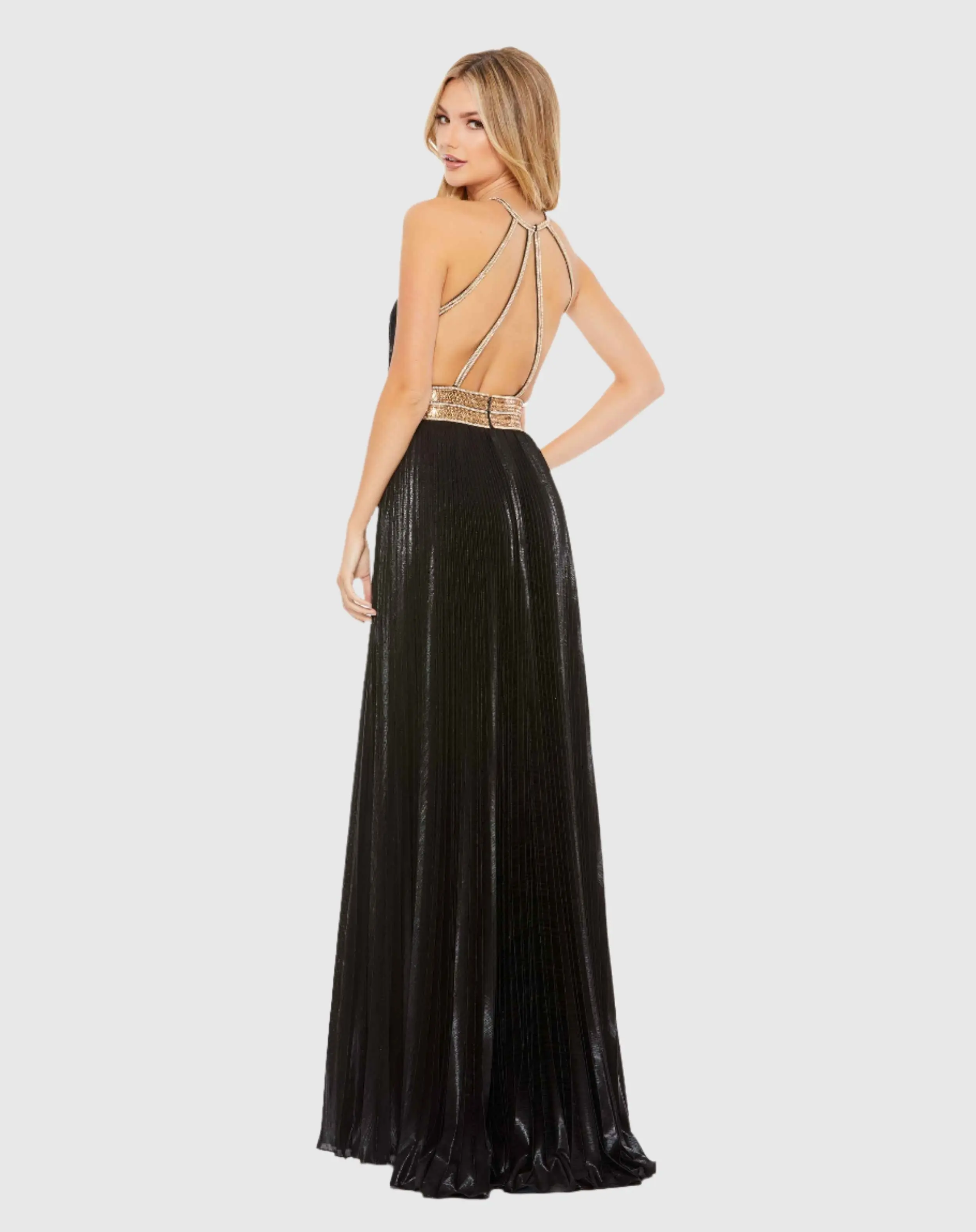 Black Pleated Embellished Halter Open Back Gown - Image 3