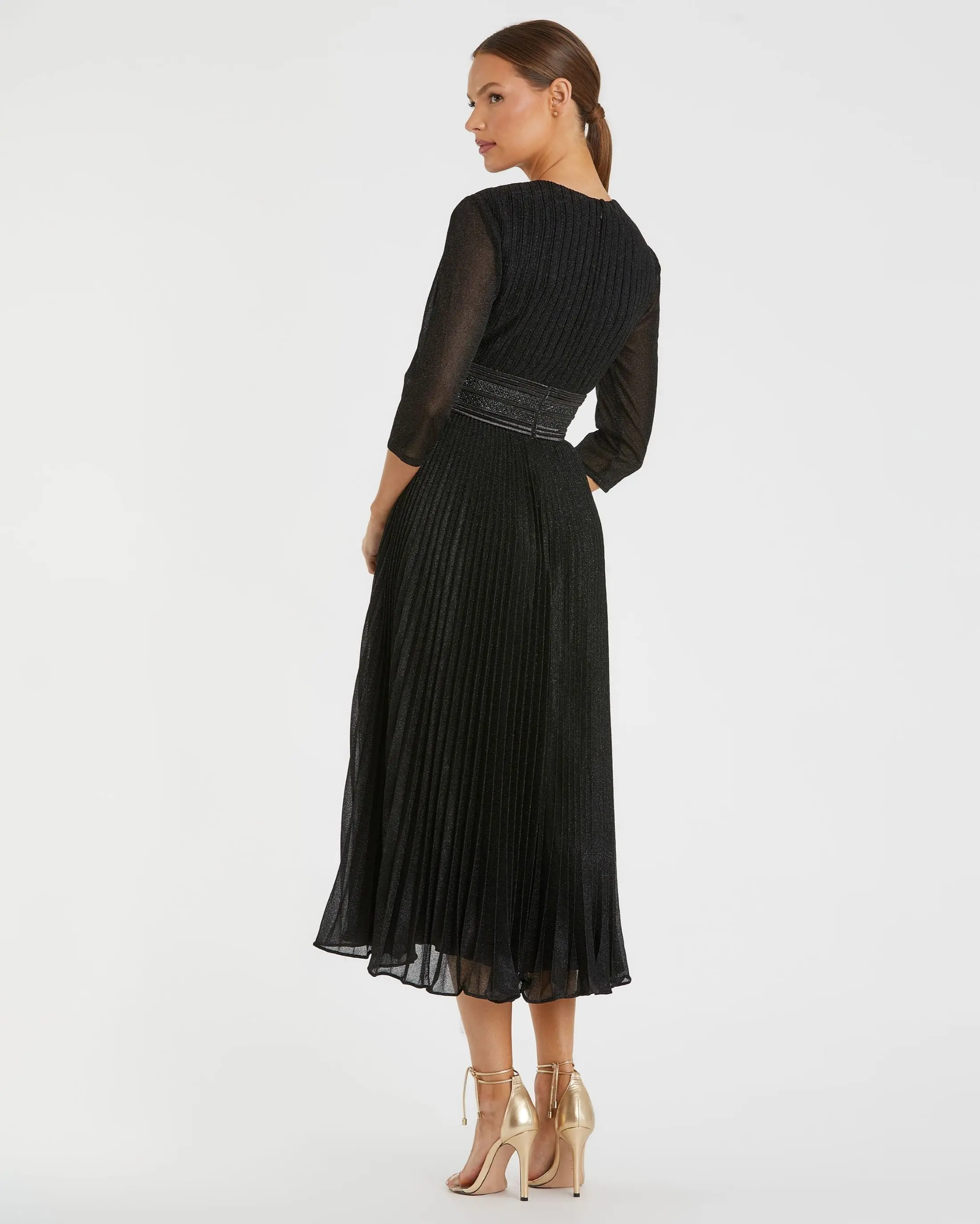 Black Shimmering 3/4 Sleeve A-Line Midi Dress - FINAL SALE - Image 3