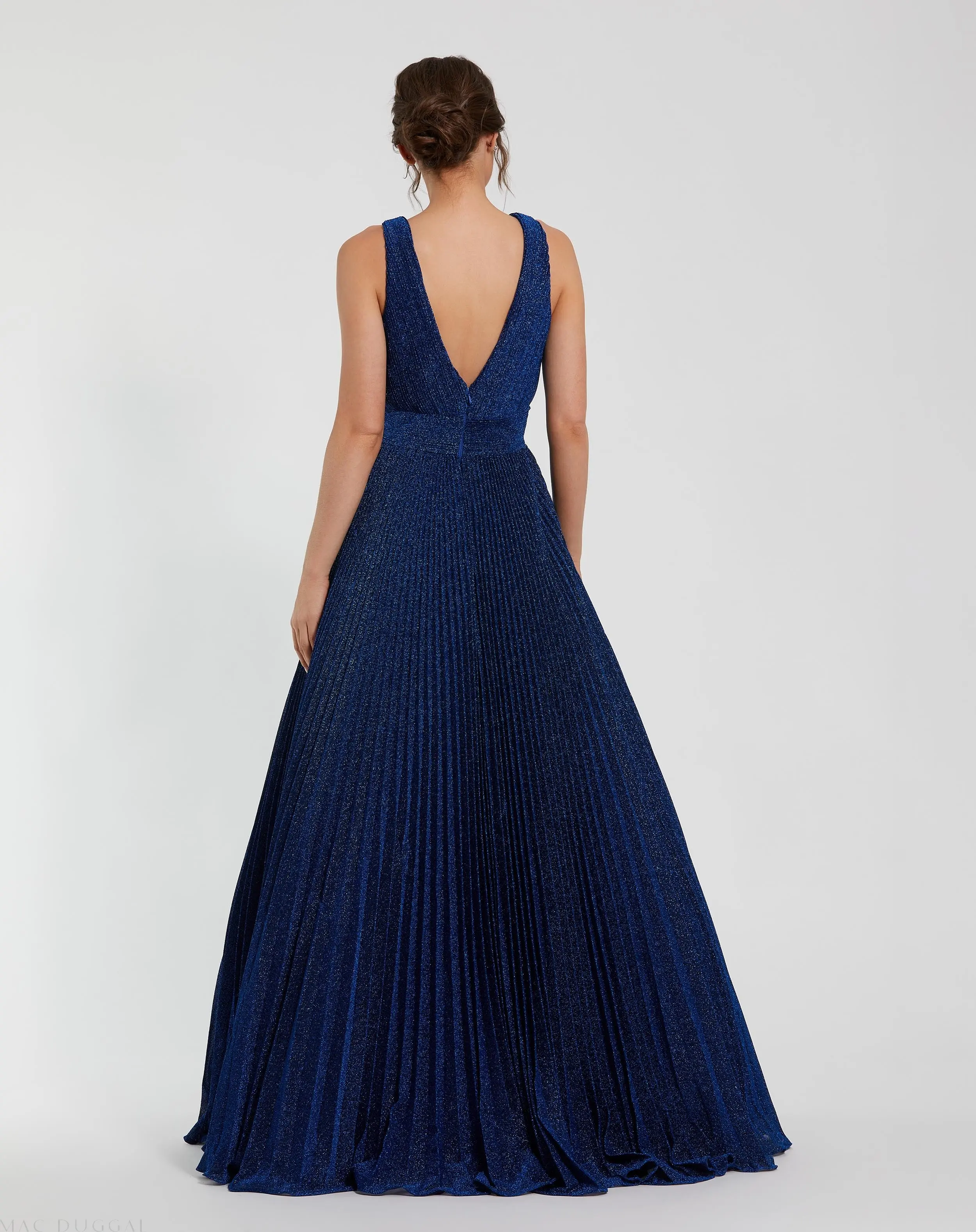 Navy Shimmering Pleated Sleeveless Gown - Image 3