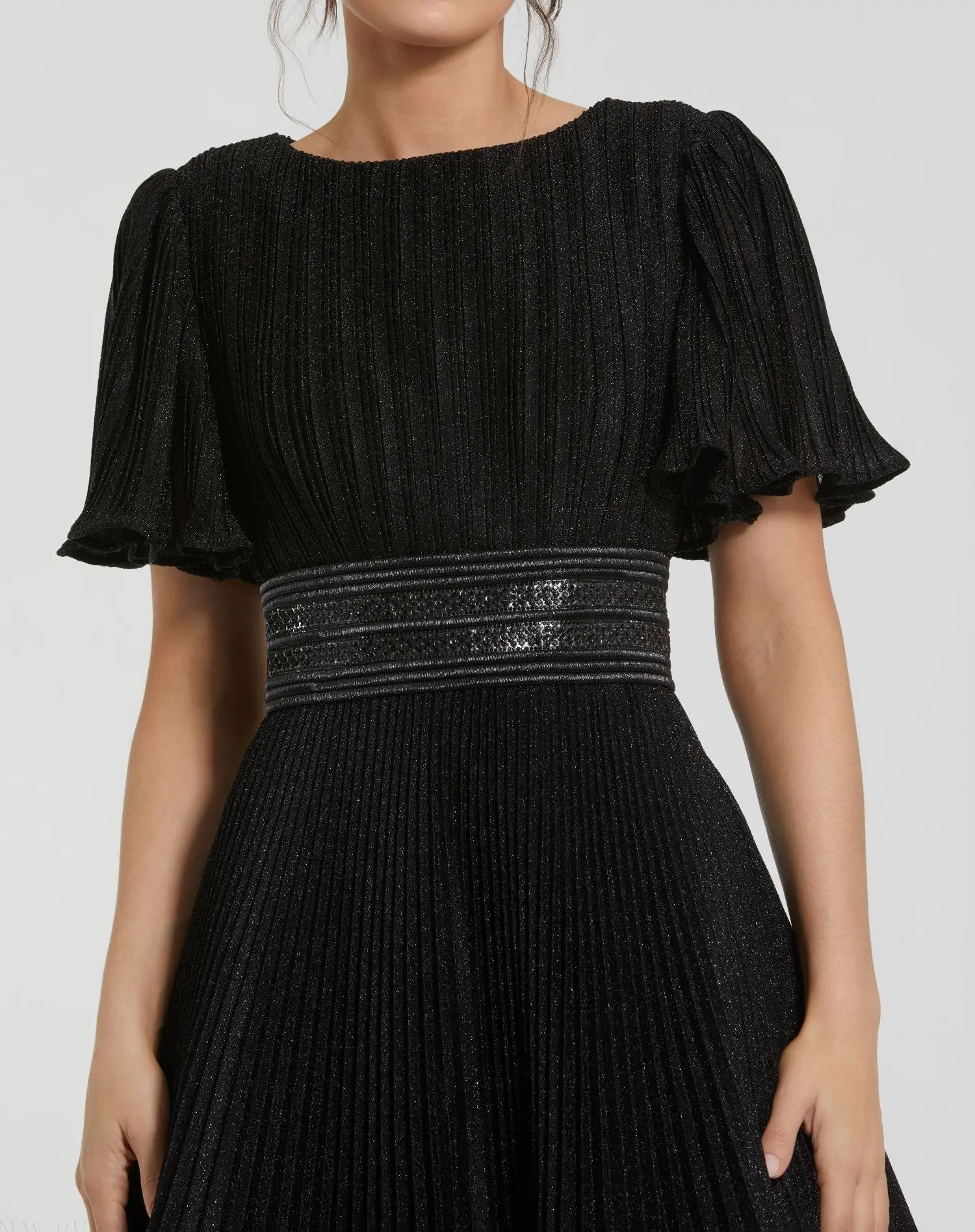 Black Pleated Shimmering Flutter Sleeve Ball Gown - Image 2