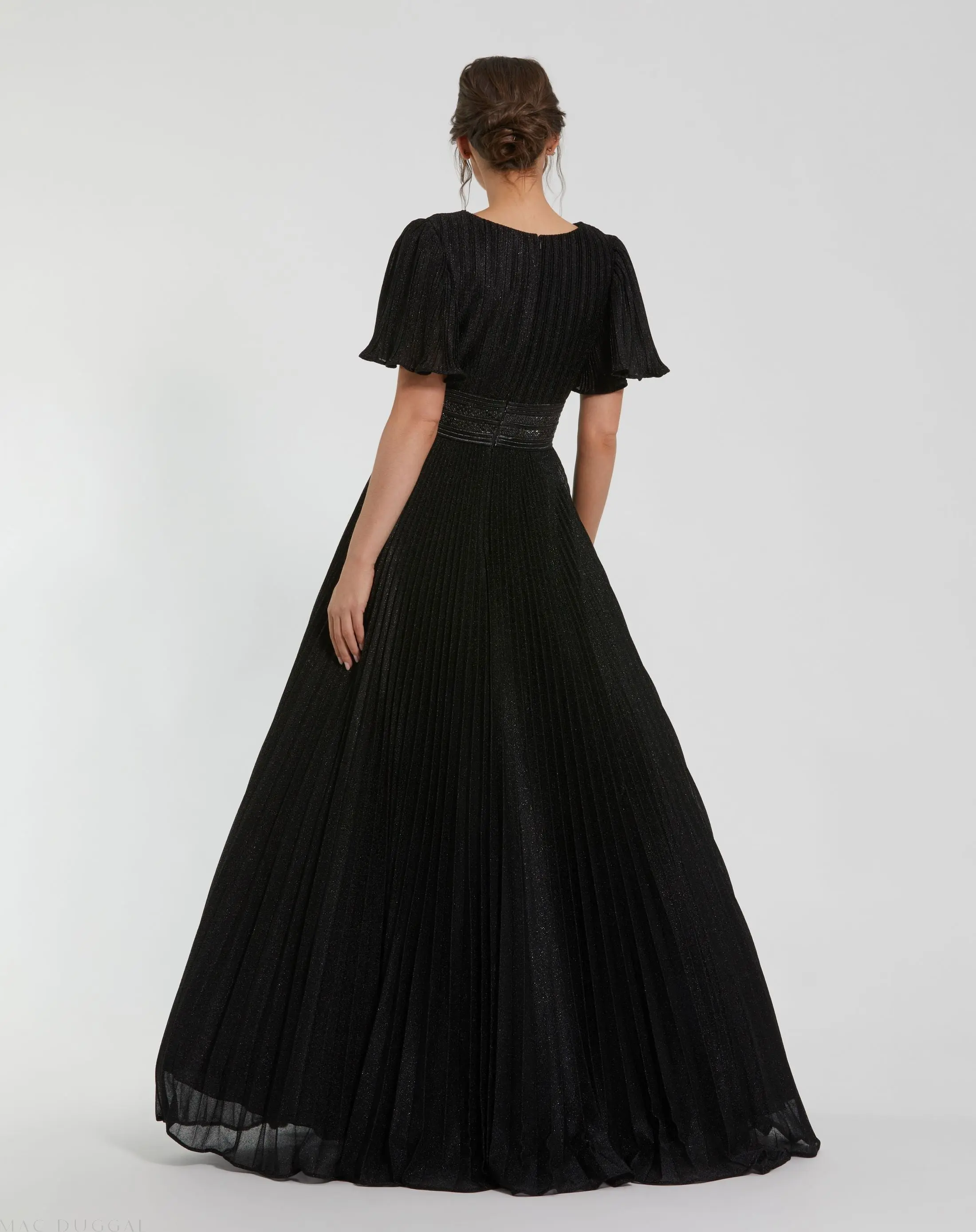 Black Pleated Shimmering Flutter Sleeve Ball Gown - Image 3