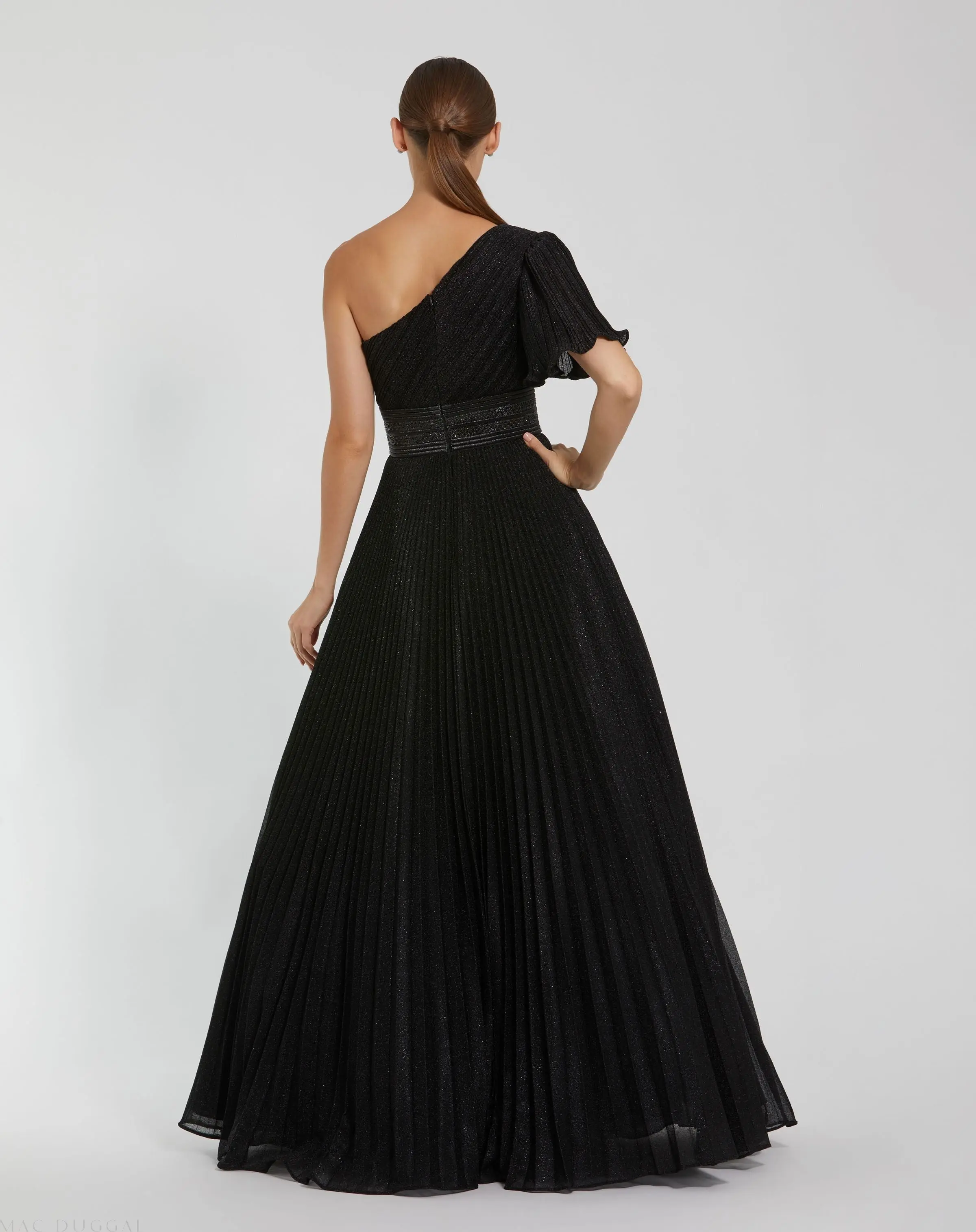 Black Pleated Shimmering One Shoulder Gown - Image 3