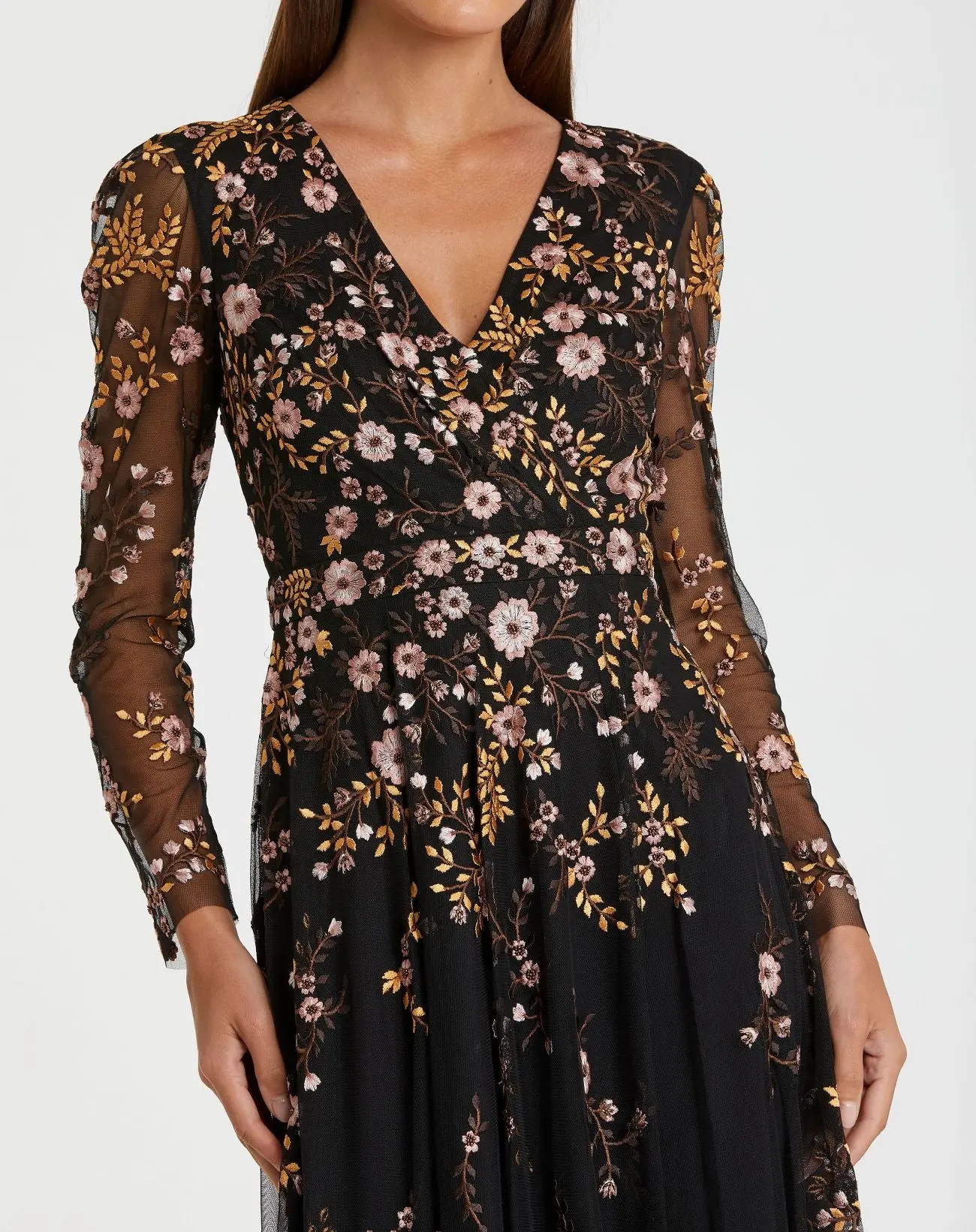 Black Multicolor Floral Embroidered A-Line Cocktail Dress - Image 2