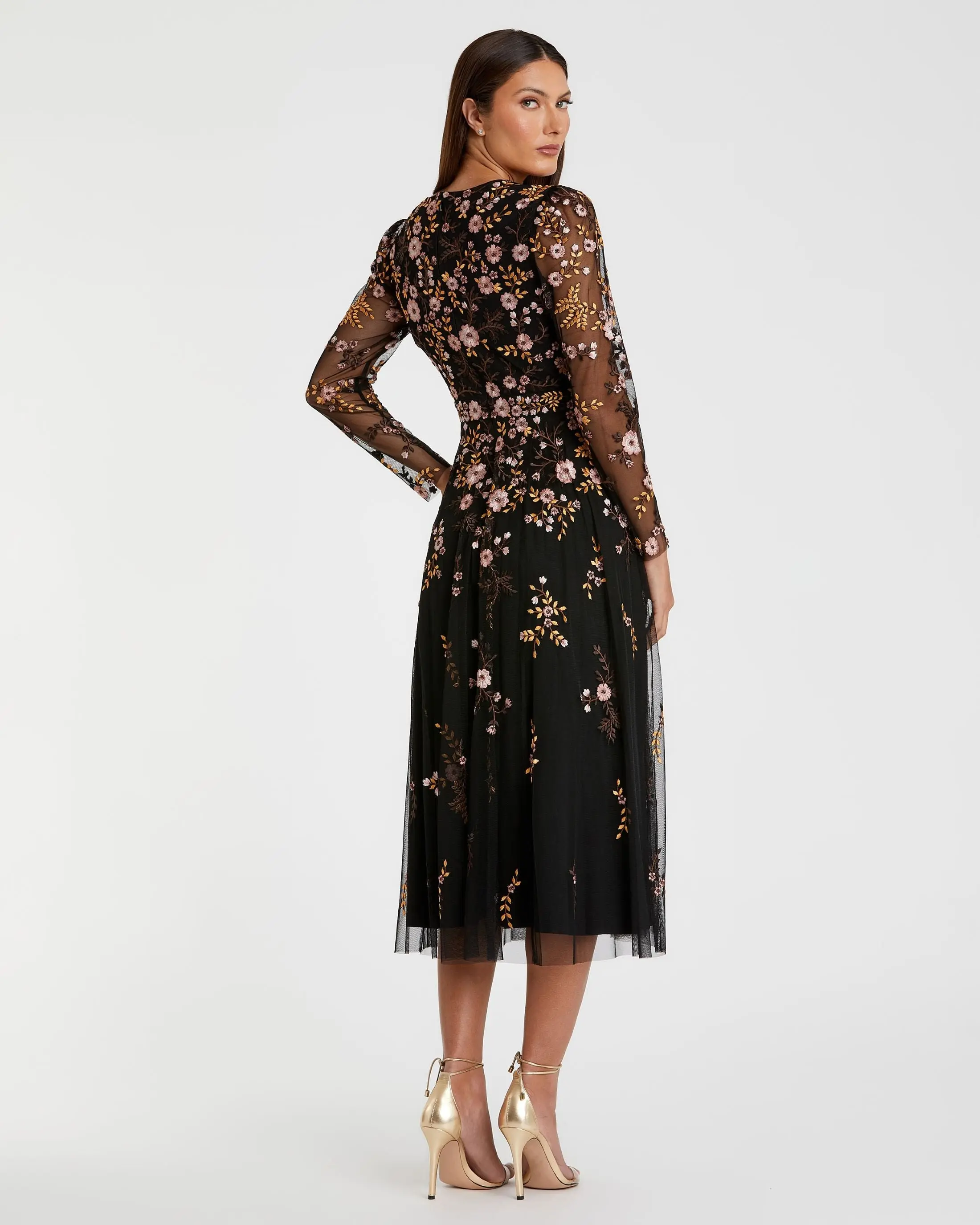 Black Multicolor Floral Embroidered A-Line Cocktail Dress - Image 3
