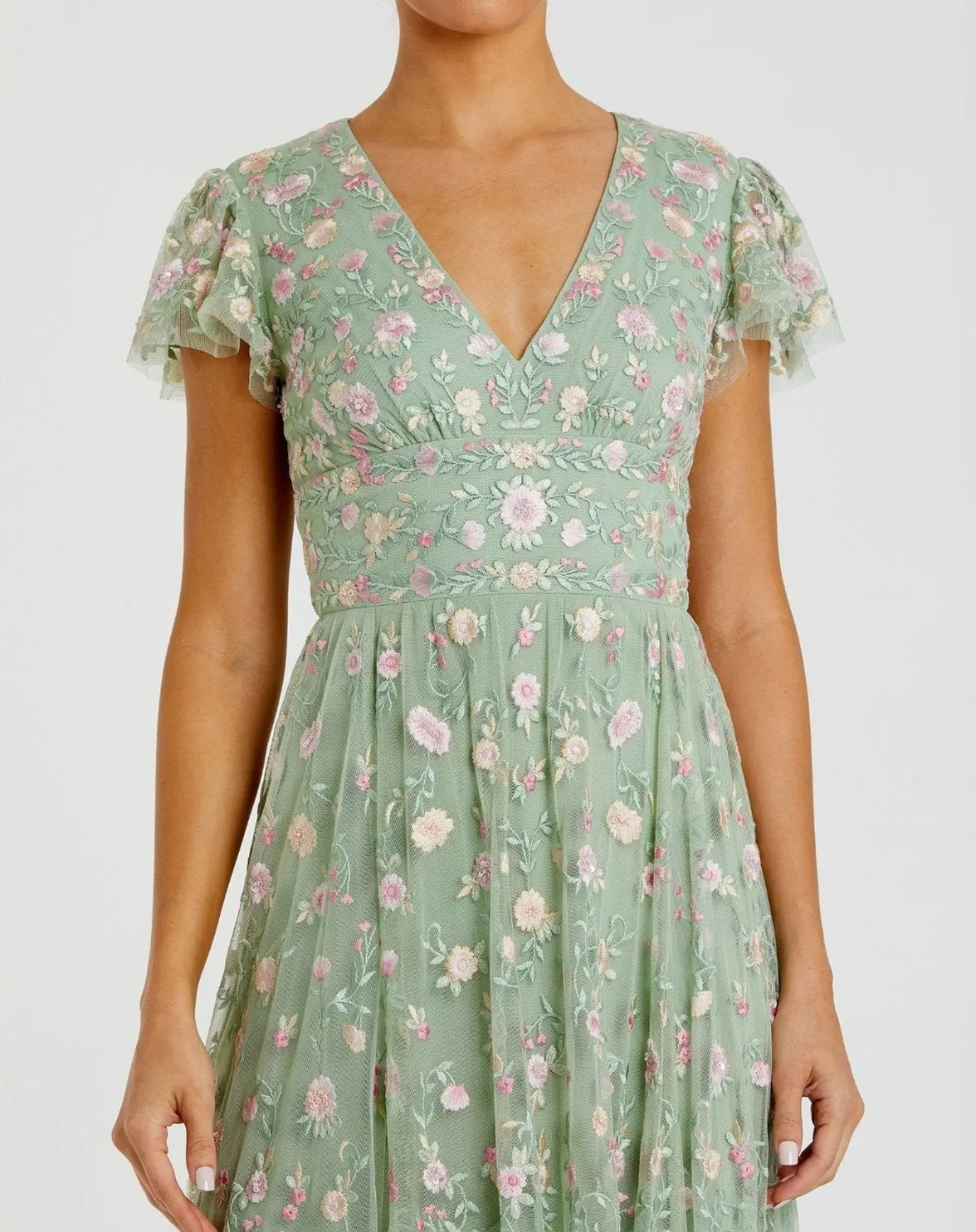 Green Multicolor Embroidered V Neck Cap Sleeve Midi Dress - Image 2