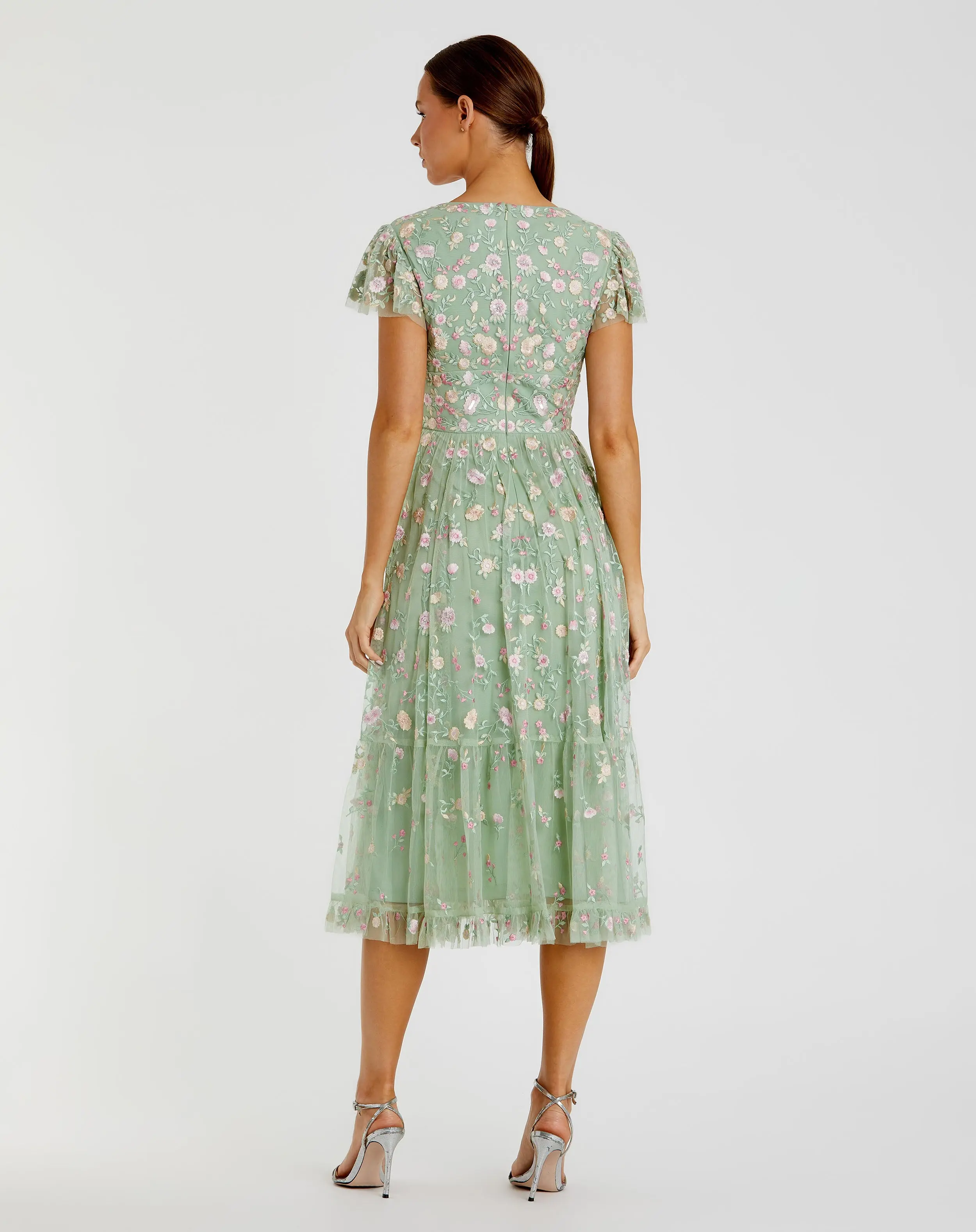 Green Multicolor Embroidered V Neck Cap Sleeve Midi Dress - Image 3