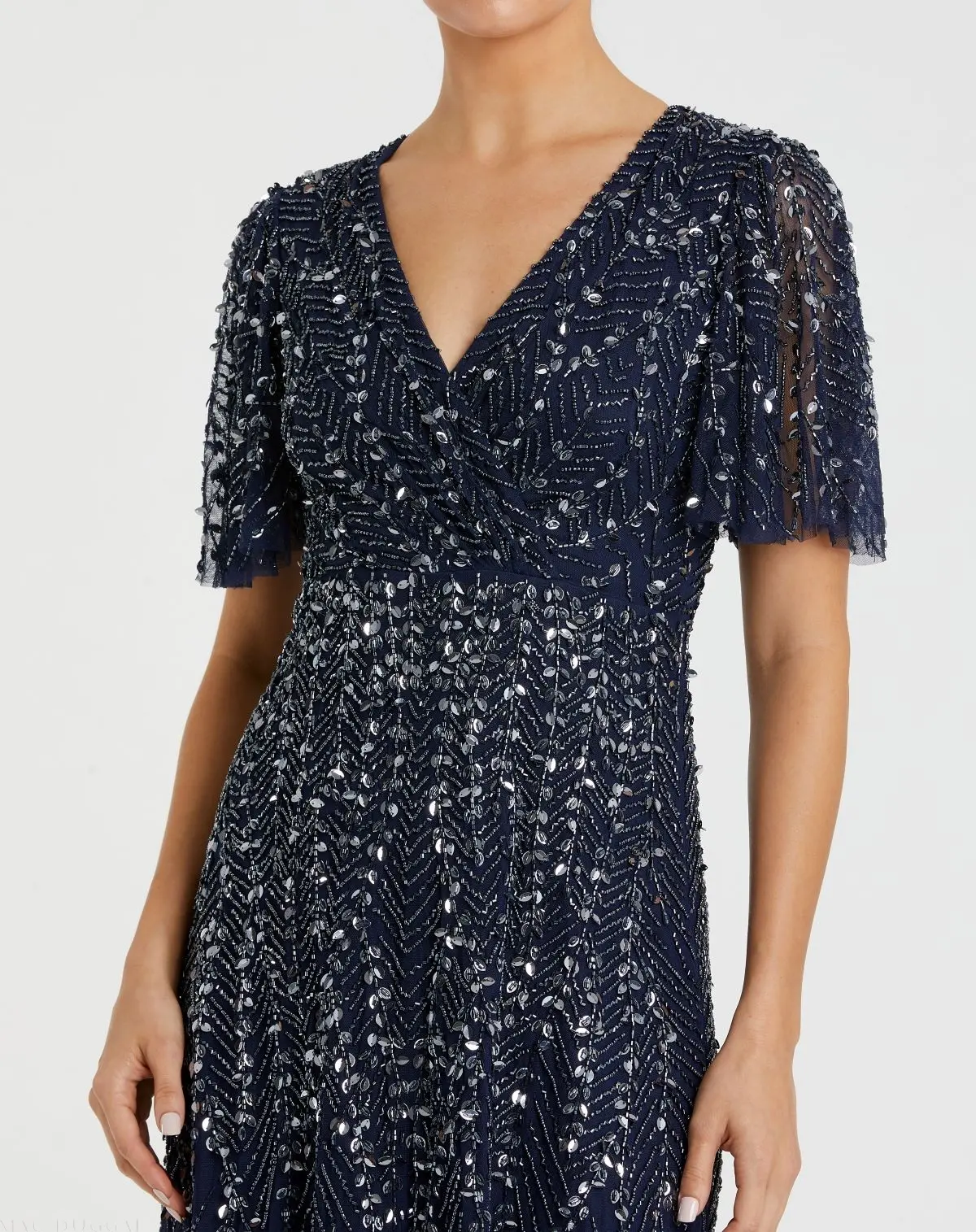 Navy Beaded Wrap Over Butterfly Sleeve Dress - Image 2
