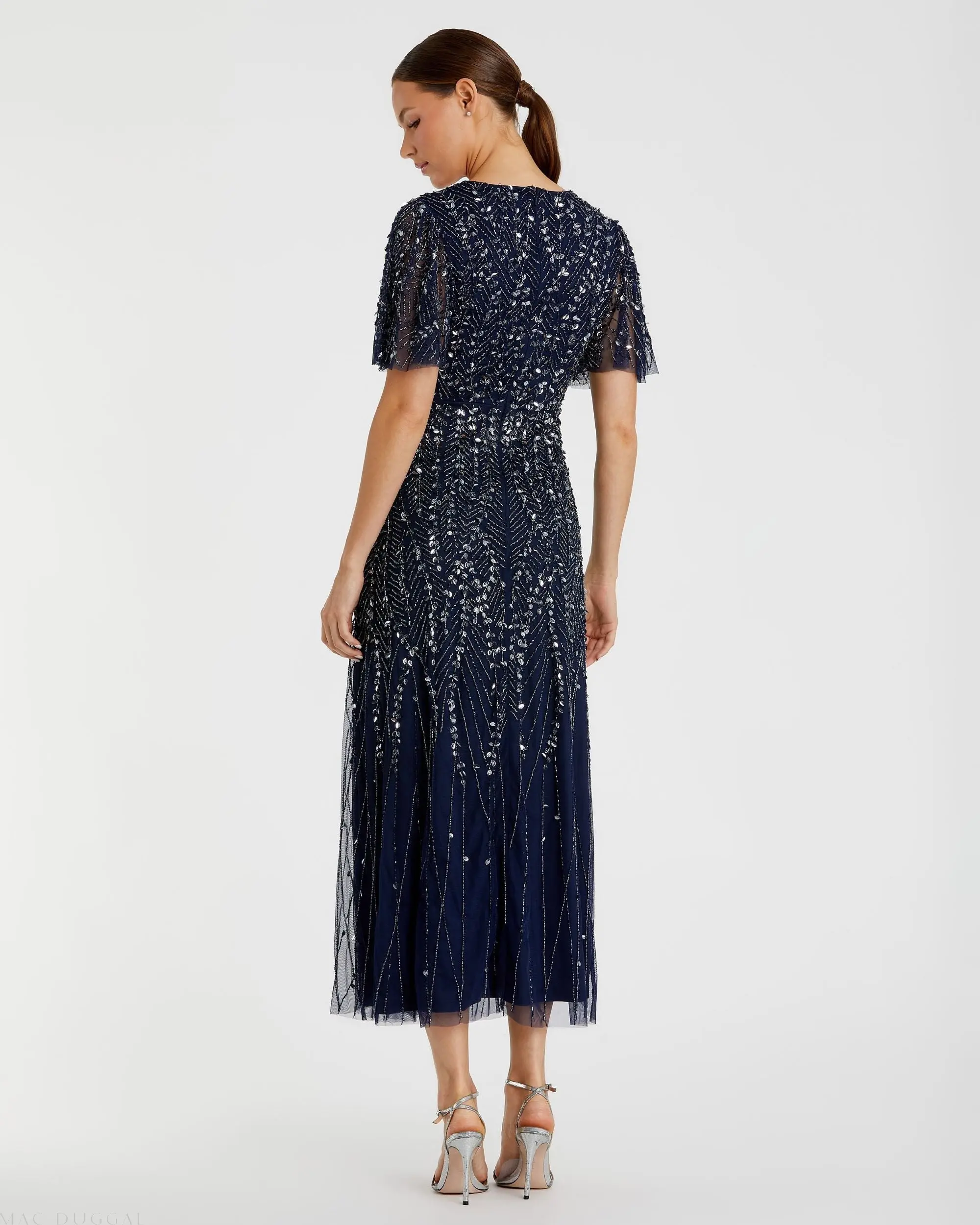 Navy Beaded Wrap Over Butterfly Sleeve Dress - Image 3