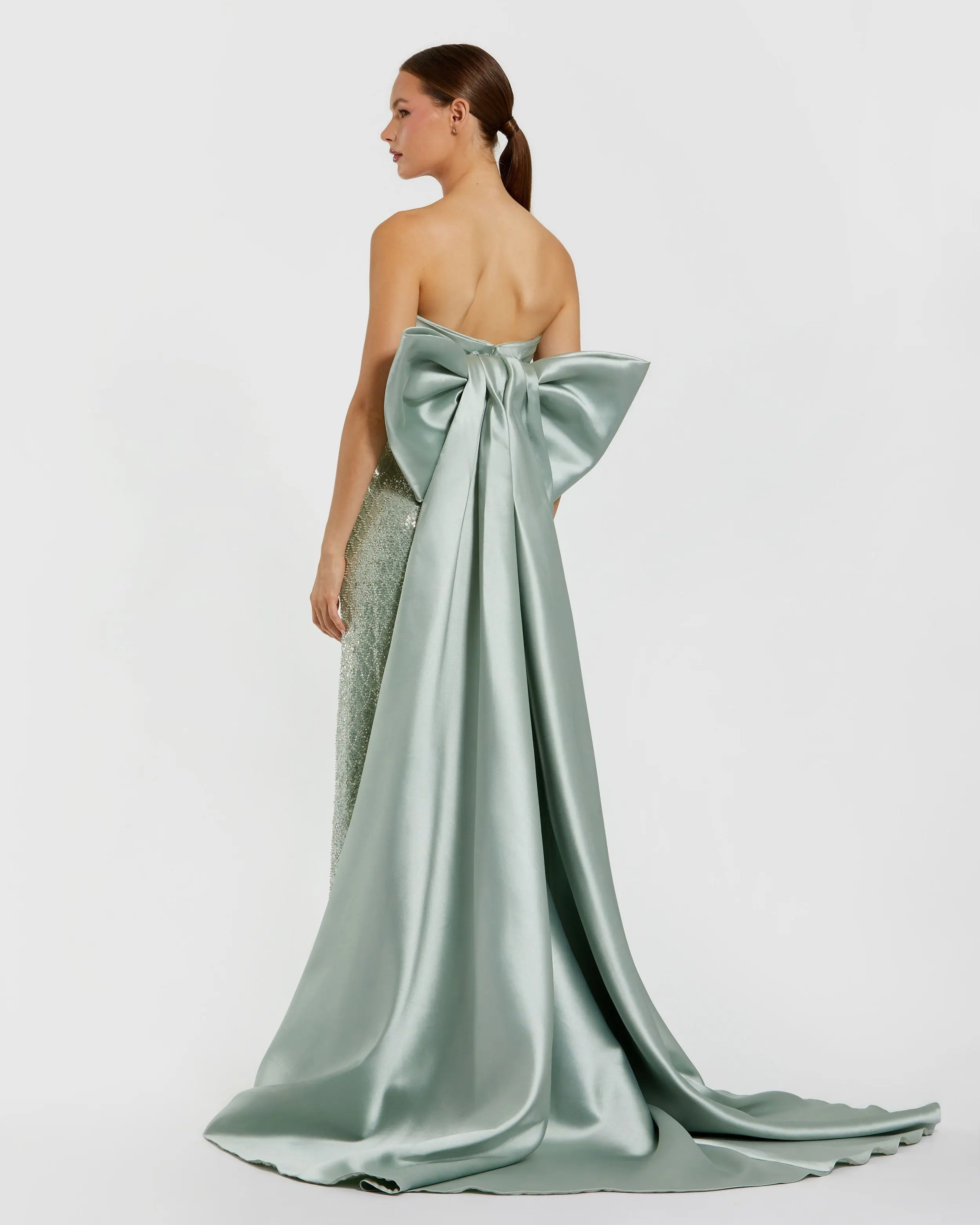 Green Strapless Embellished Gown With Back Bow Detail - Image 3
