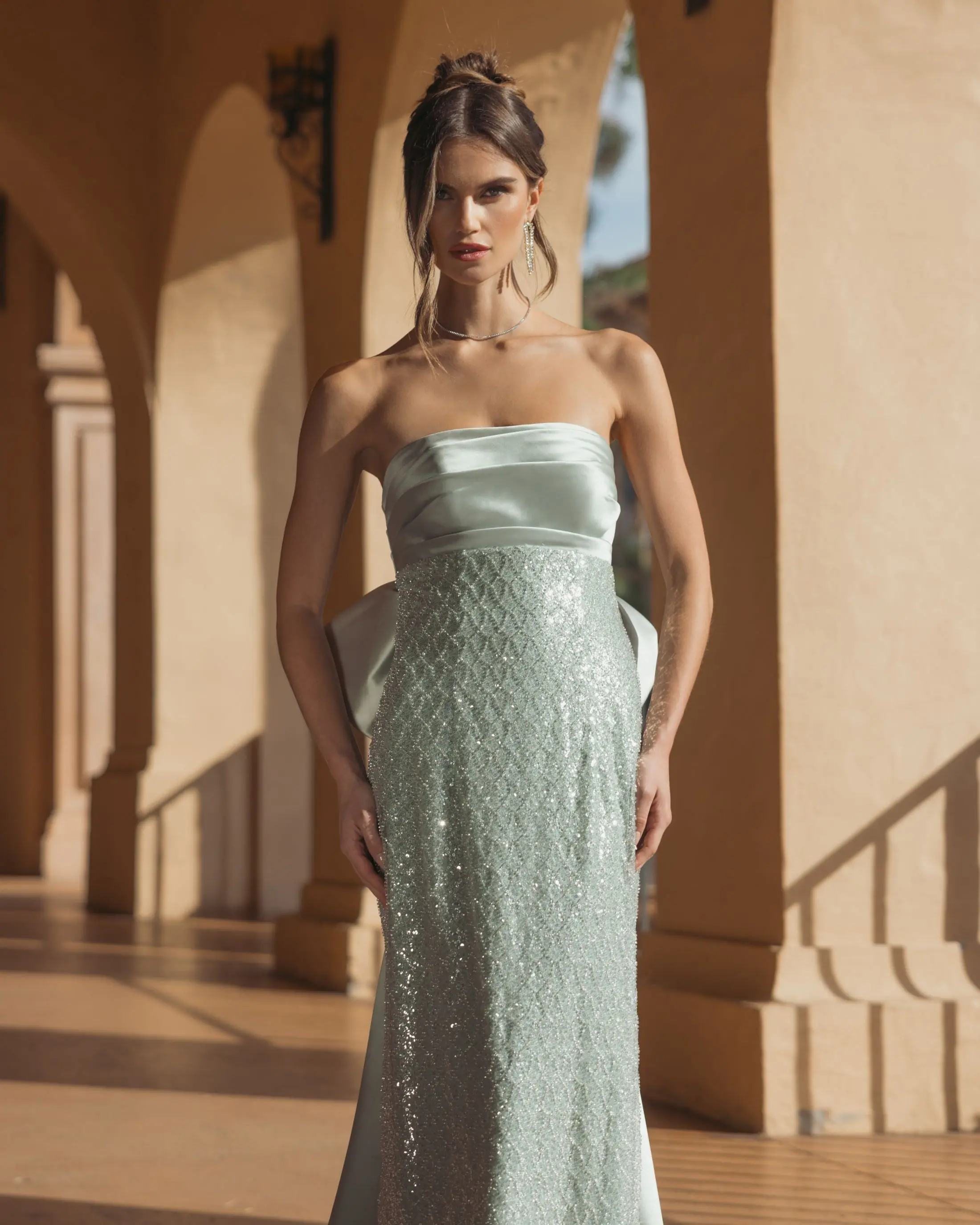 Green Strapless Embellished Gown With Back Bow Detail - Image 5