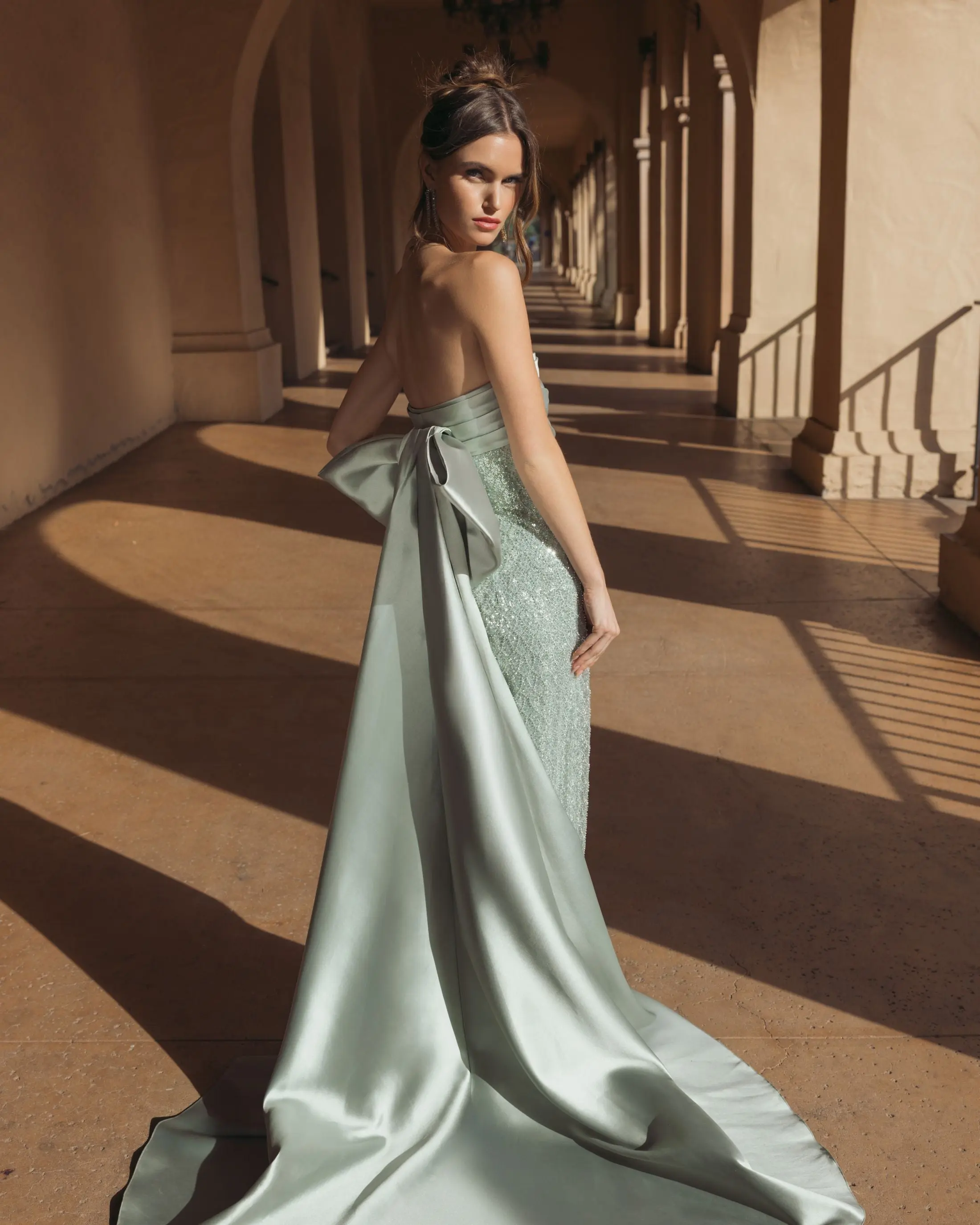 Green Strapless Embellished Gown With Back Bow Detail - Image 6
