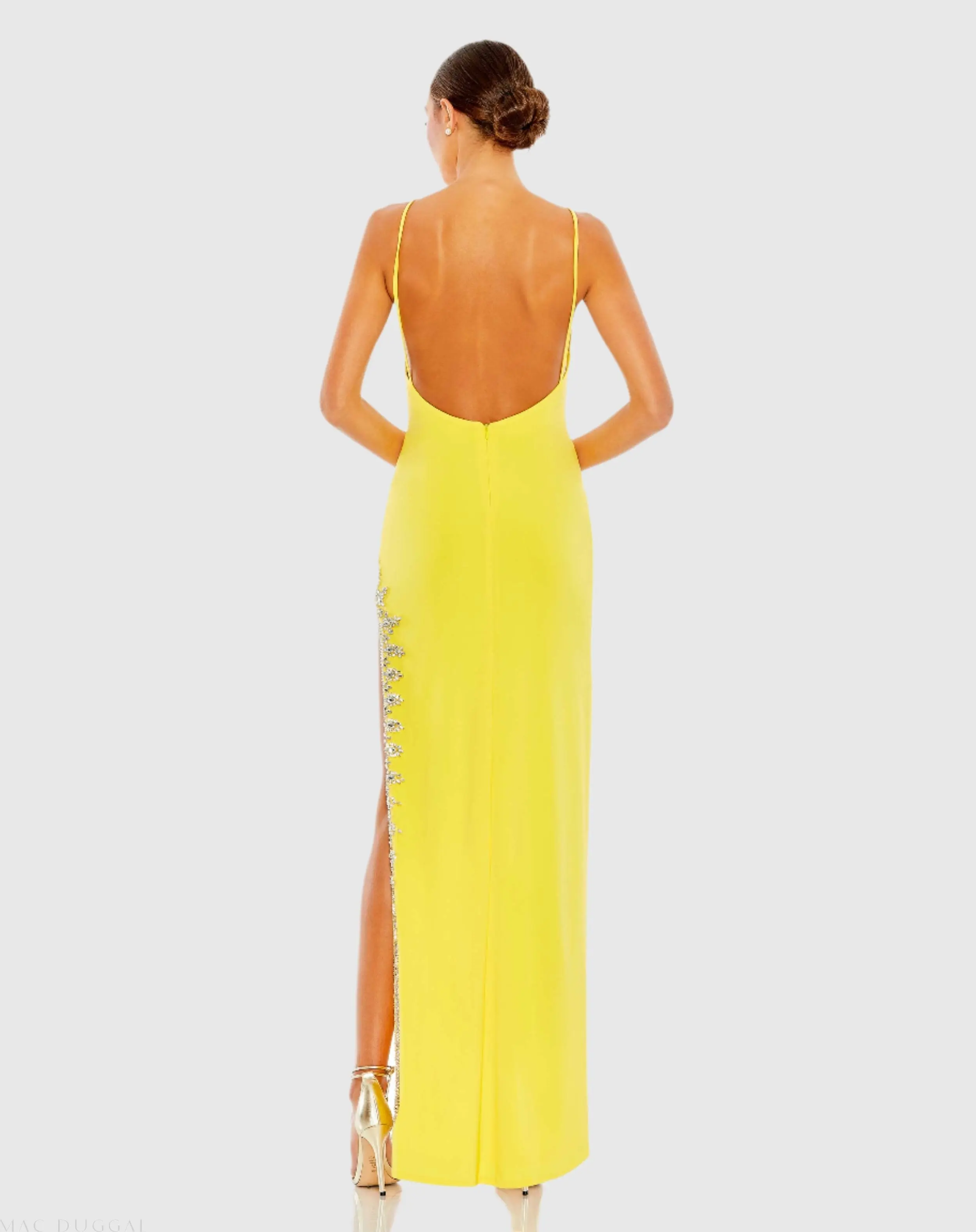 Yellow Rhinestone Encrusted Side Slit Cami Bodycon Gown - Image 3