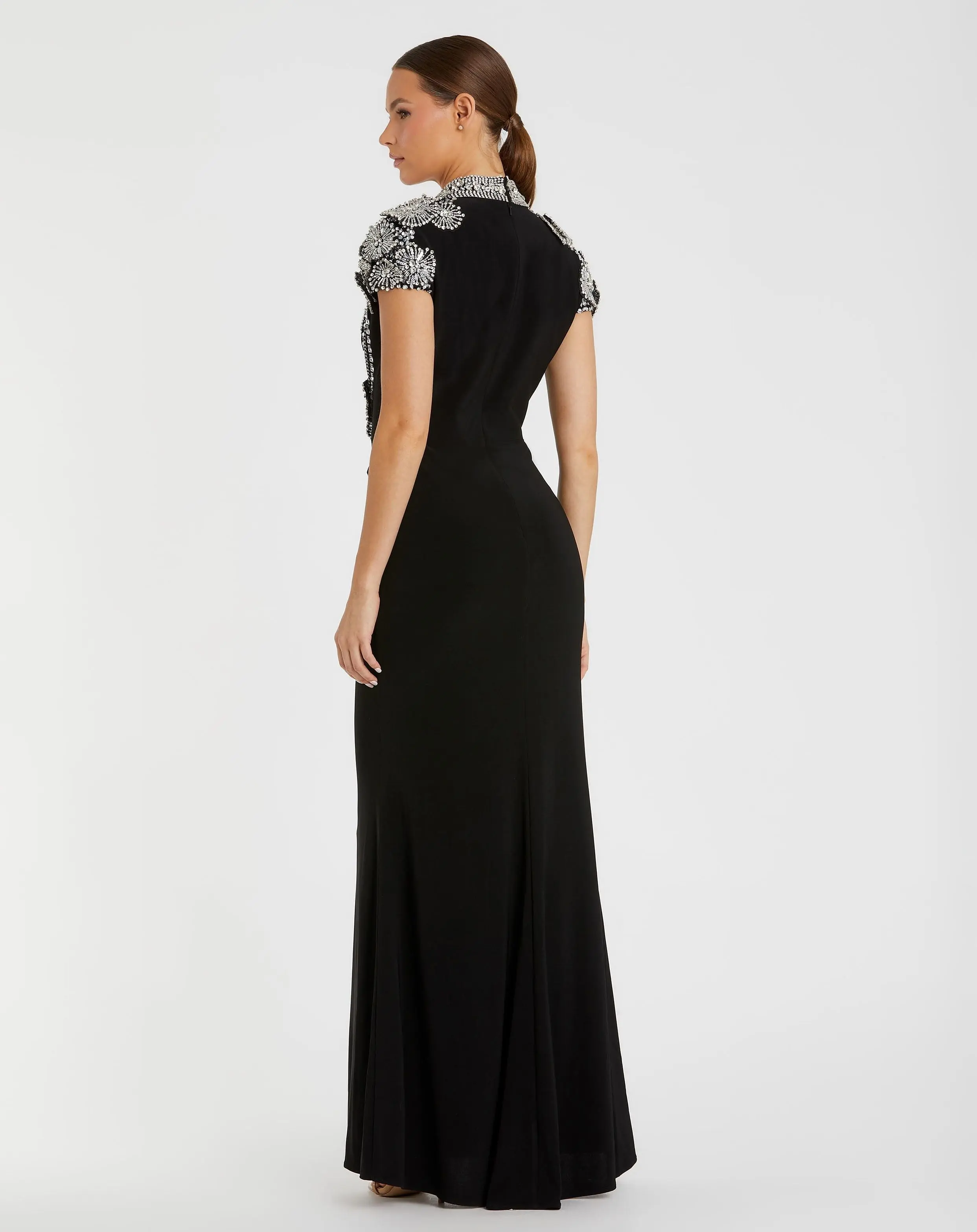 Black High Neck Embellished Column Gown - Image 3